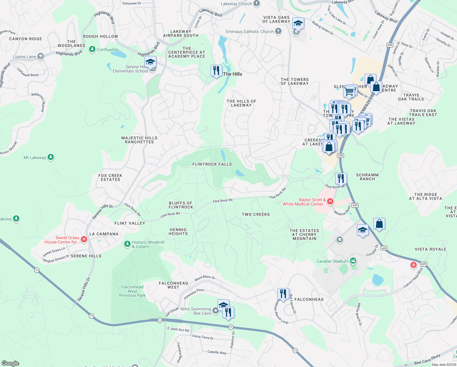 map of restaurants, bars, coffee shops, grocery stores, and more near 404 Golden Bear Dr in Lakeway