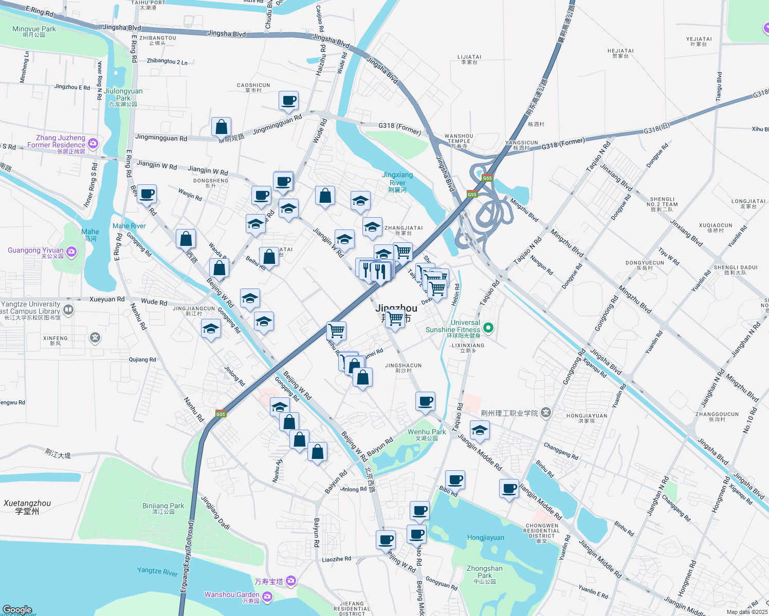 map of restaurants, bars, coffee shops, grocery stores, and more near in Jingzhou