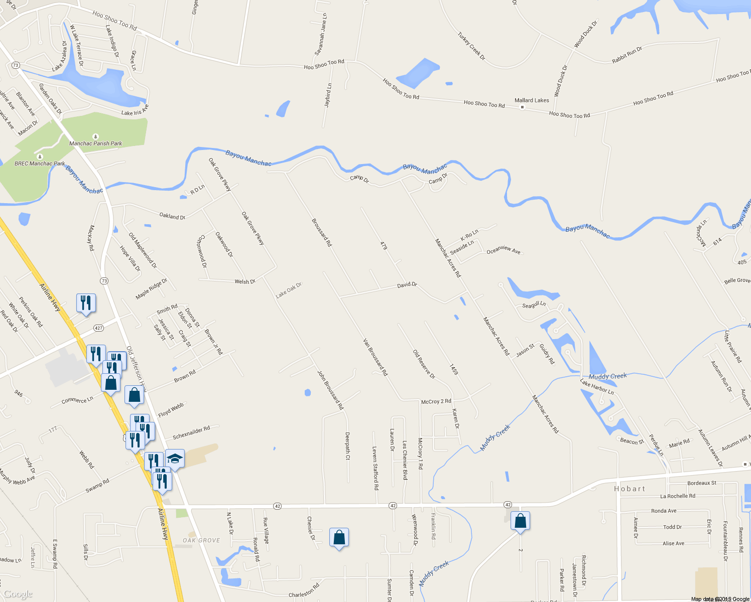 map of restaurants, bars, coffee shops, grocery stores, and more near 39039 David Drive in Prairieville