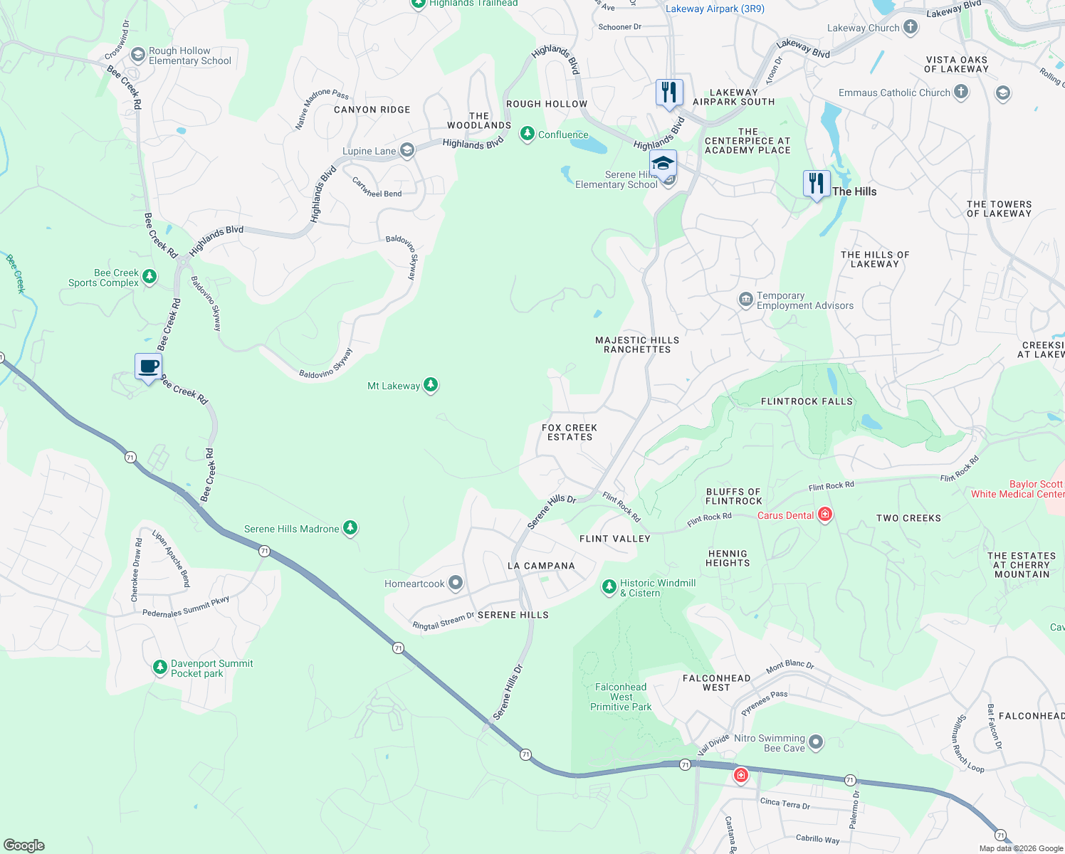 map of restaurants, bars, coffee shops, grocery stores, and more near 4308 Travis Vista Drive in Austin