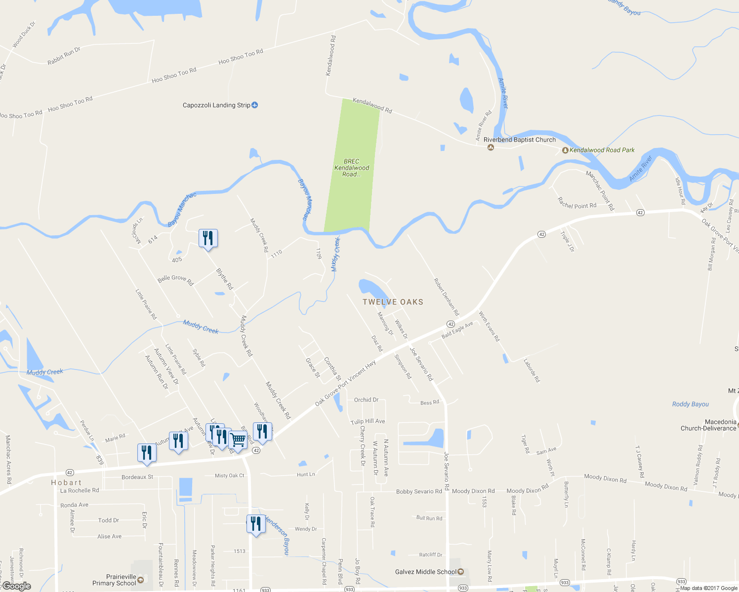 map of restaurants, bars, coffee shops, grocery stores, and more near 18144 Manning Drive in Prairieville