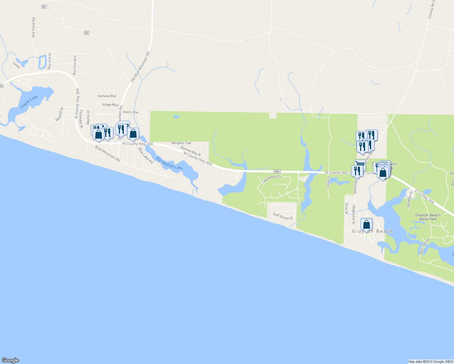 map of restaurants, bars, coffee shops, grocery stores, and more near 133 Sienna Court in Santa Rosa Beach