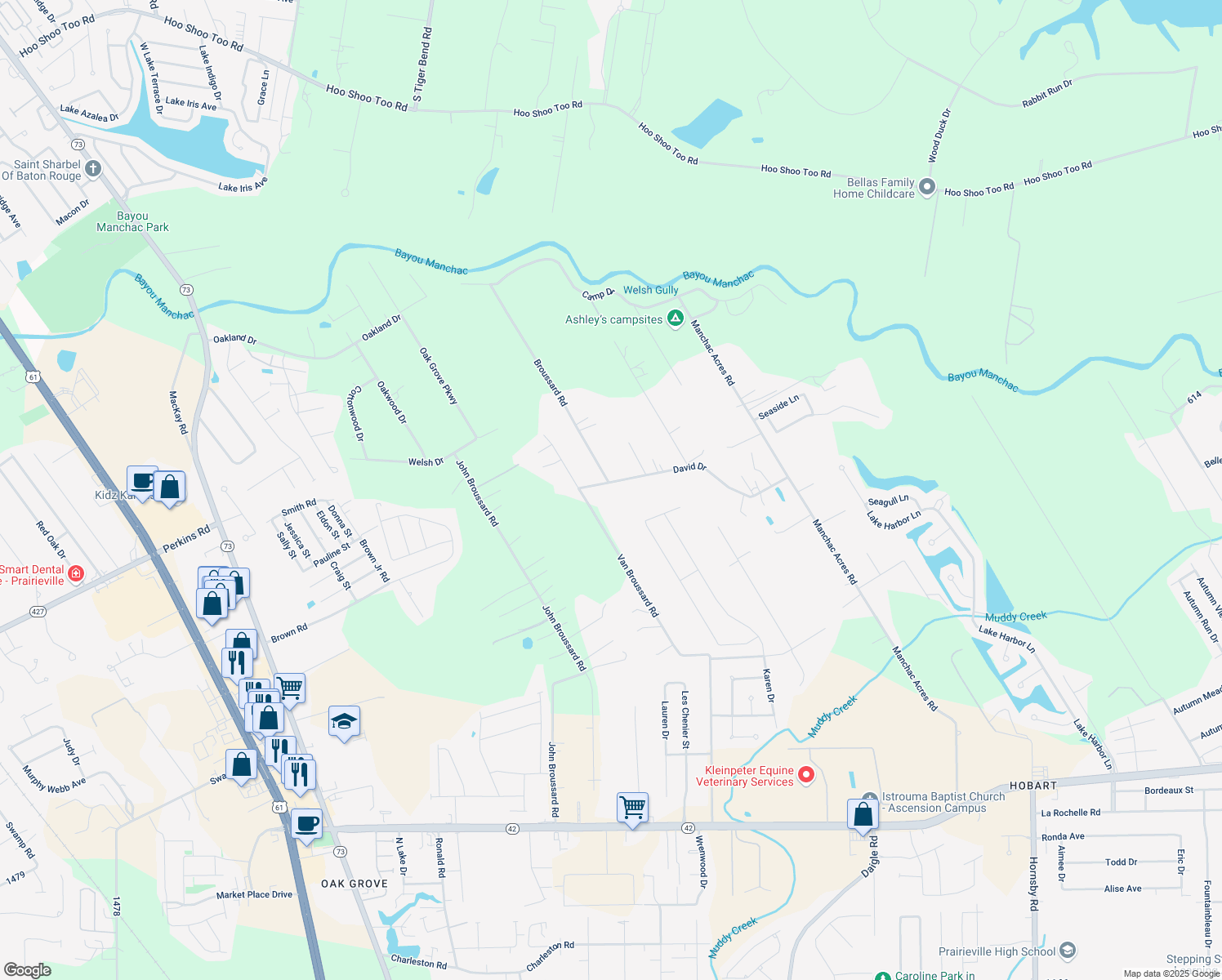 map of restaurants, bars, coffee shops, grocery stores, and more near 38637 David Drive in Prairieville