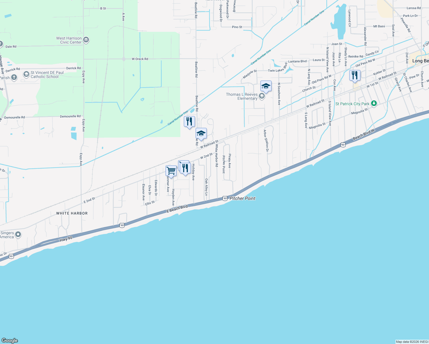 map of restaurants, bars, coffee shops, grocery stores, and more near 205 White Harbor Rd in Long Beach