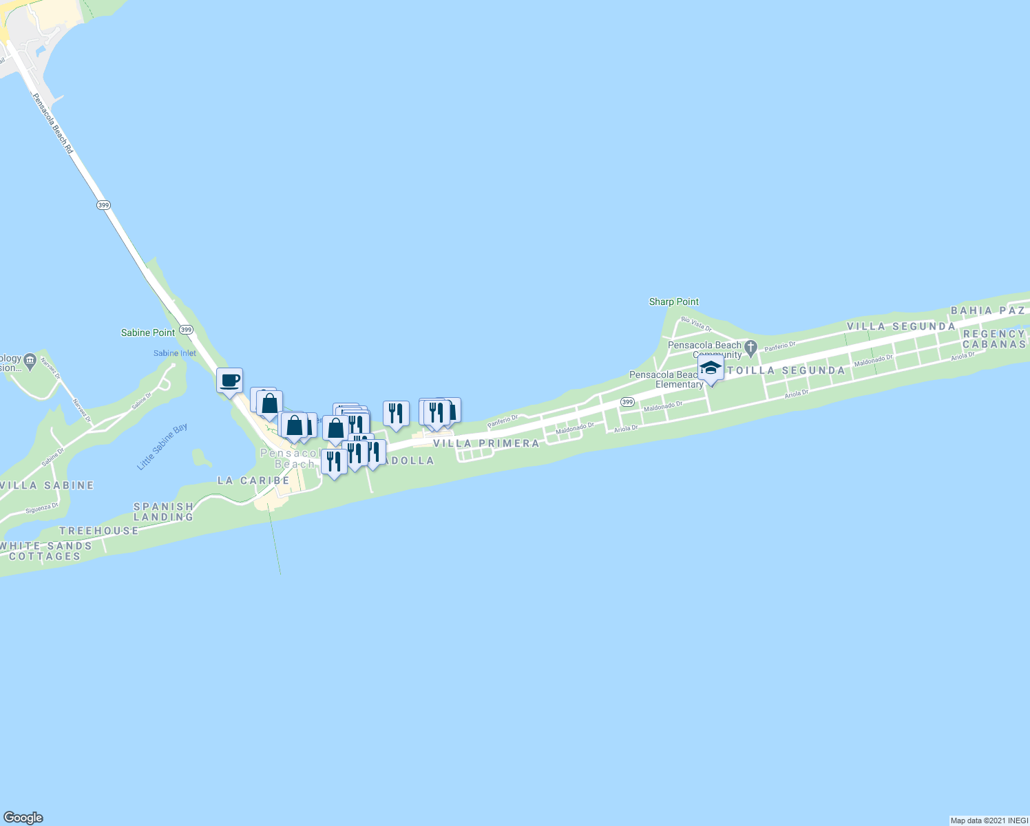map of restaurants, bars, coffee shops, grocery stores, and more near 215 Panferio Drive in Pensacola Beach