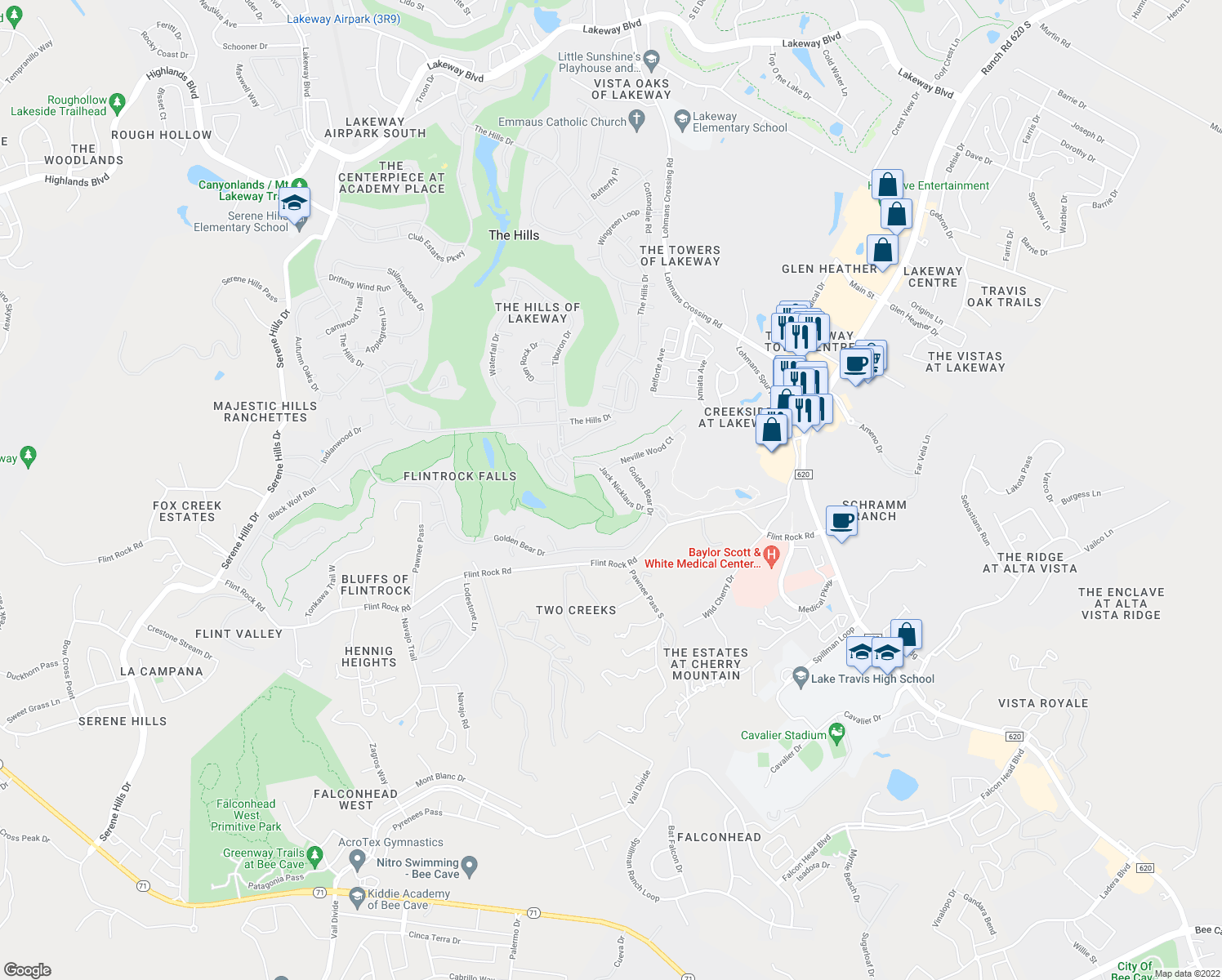 map of restaurants, bars, coffee shops, grocery stores, and more near 213 Jack Nicklaus Dr in Lakeway