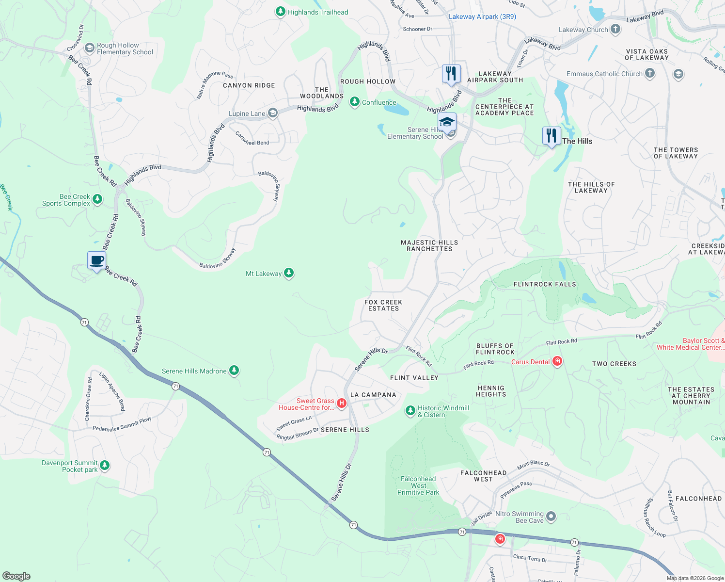 map of restaurants, bars, coffee shops, grocery stores, and more near 17207 Raynham Hill Drive in Austin