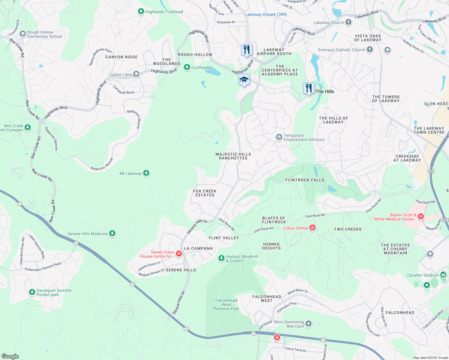 map of restaurants, bars, coffee shops, grocery stores, and more near 17125 Majestic Ridge Road in Austin