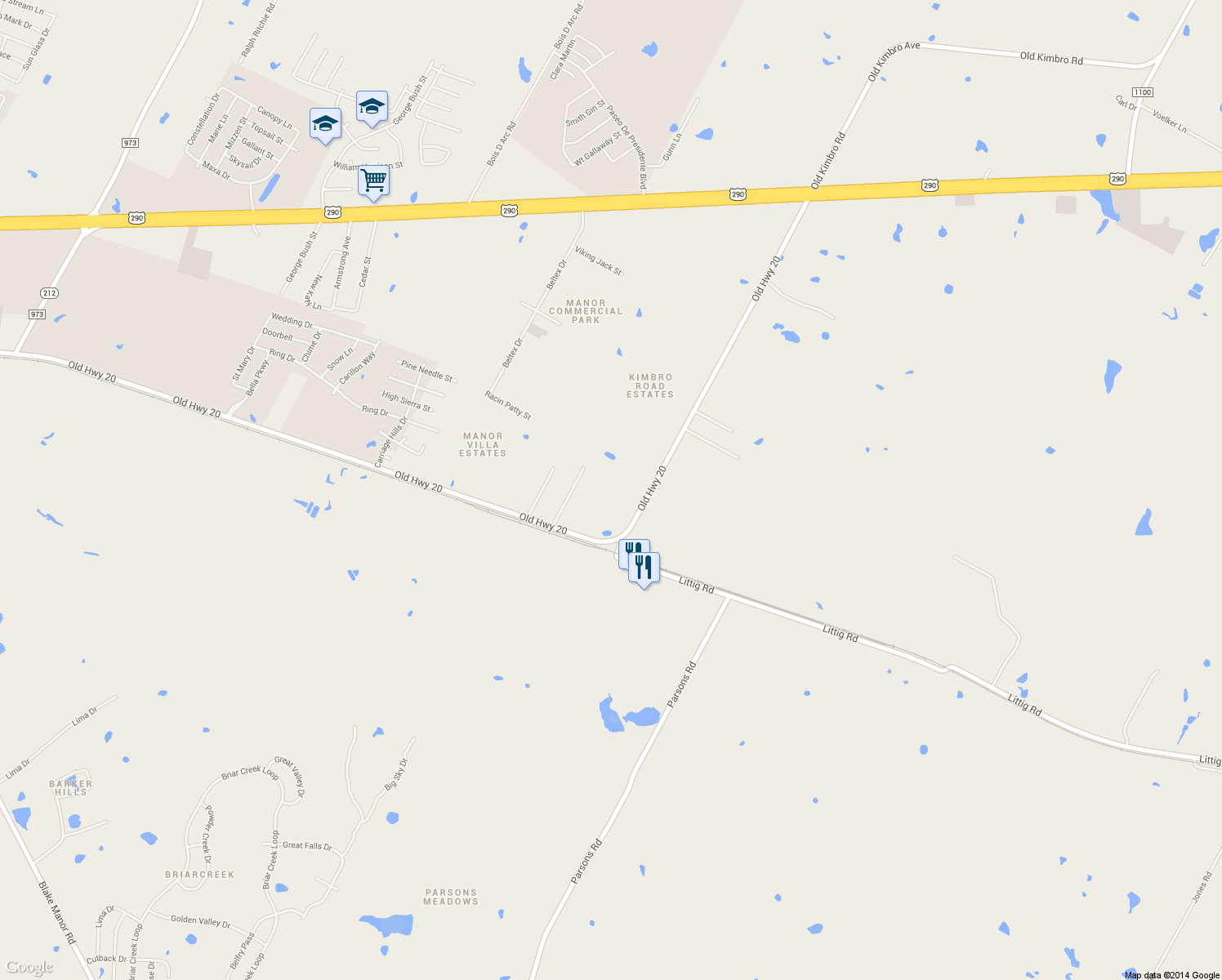 map of restaurants, bars, coffee shops, grocery stores, and more near 12322 Old Kimbro Road in Manor