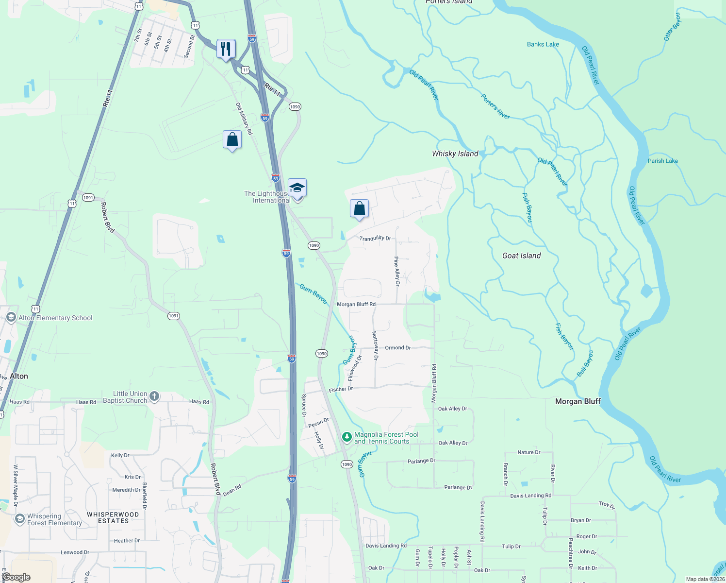 map of restaurants, bars, coffee shops, grocery stores, and more near 1104 Forest Ridge Loop in Pearl River