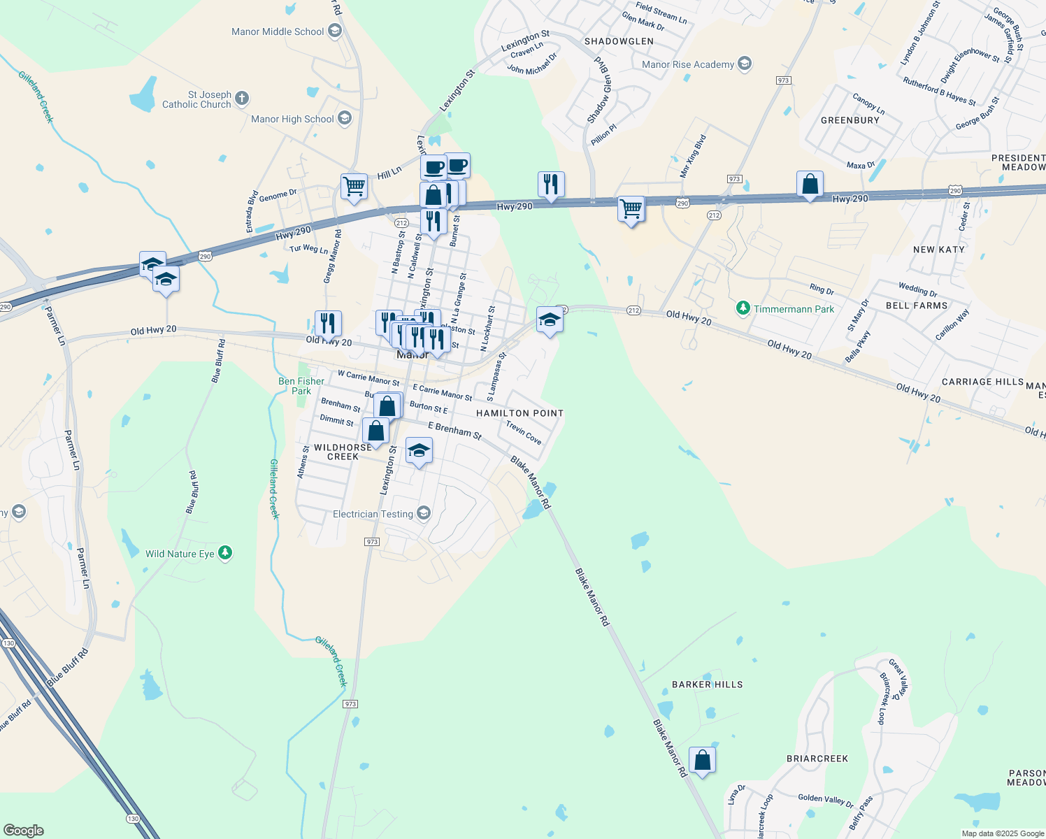 map of restaurants, bars, coffee shops, grocery stores, and more near 16801 Jaron Dr in Manor