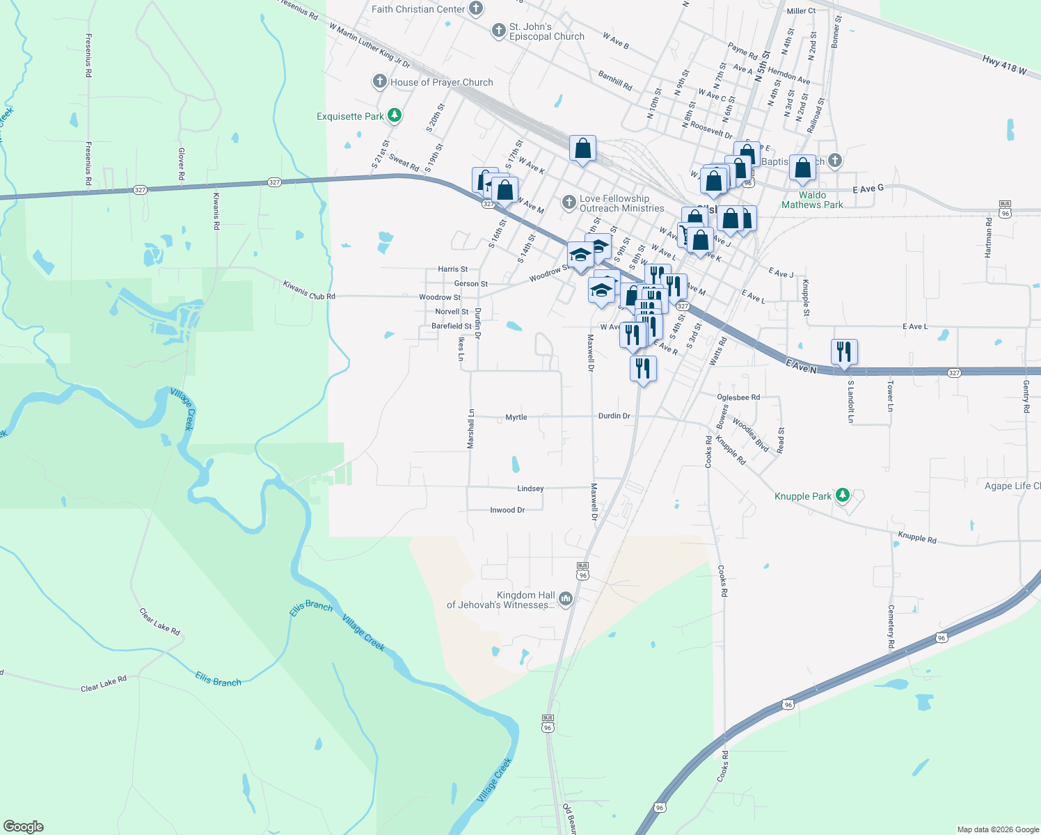 map of restaurants, bars, coffee shops, grocery stores, and more near 625 Myrtle in Silsbee