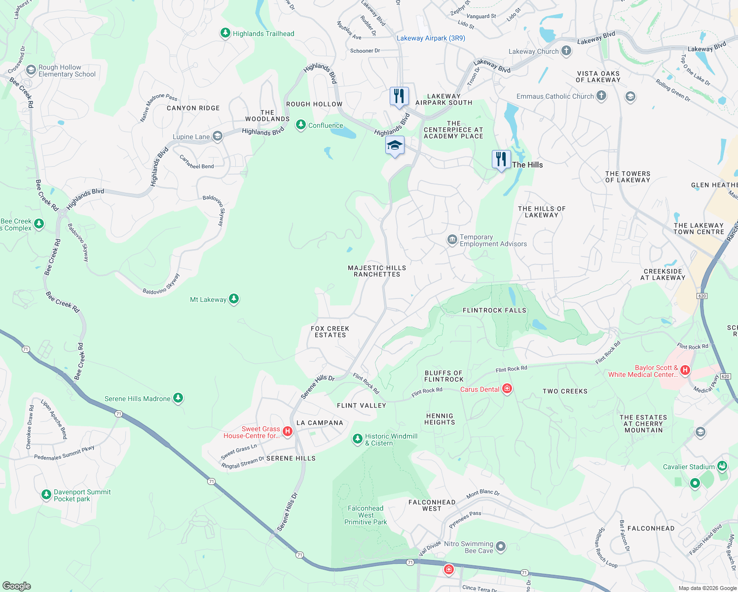 map of restaurants, bars, coffee shops, grocery stores, and more near 17125 Majestic Ridge Road in Austin