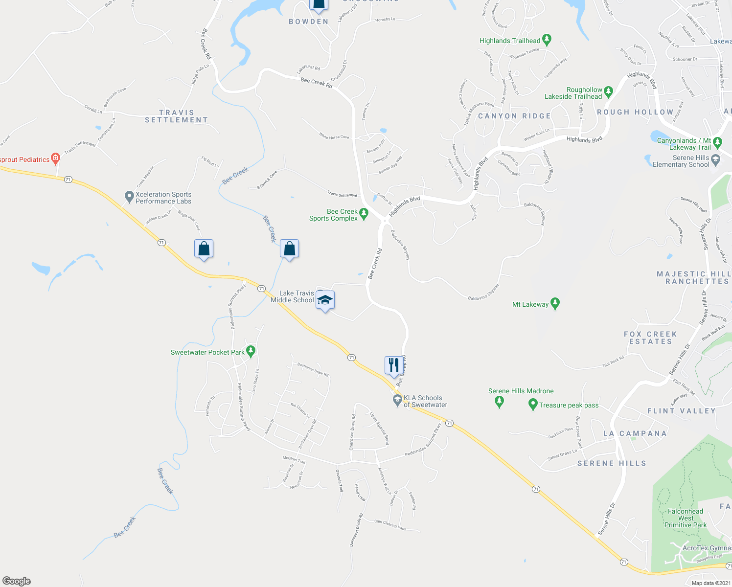 map of restaurants, bars, coffee shops, grocery stores, and more near 4900 Bee Creek Road in Spicewood