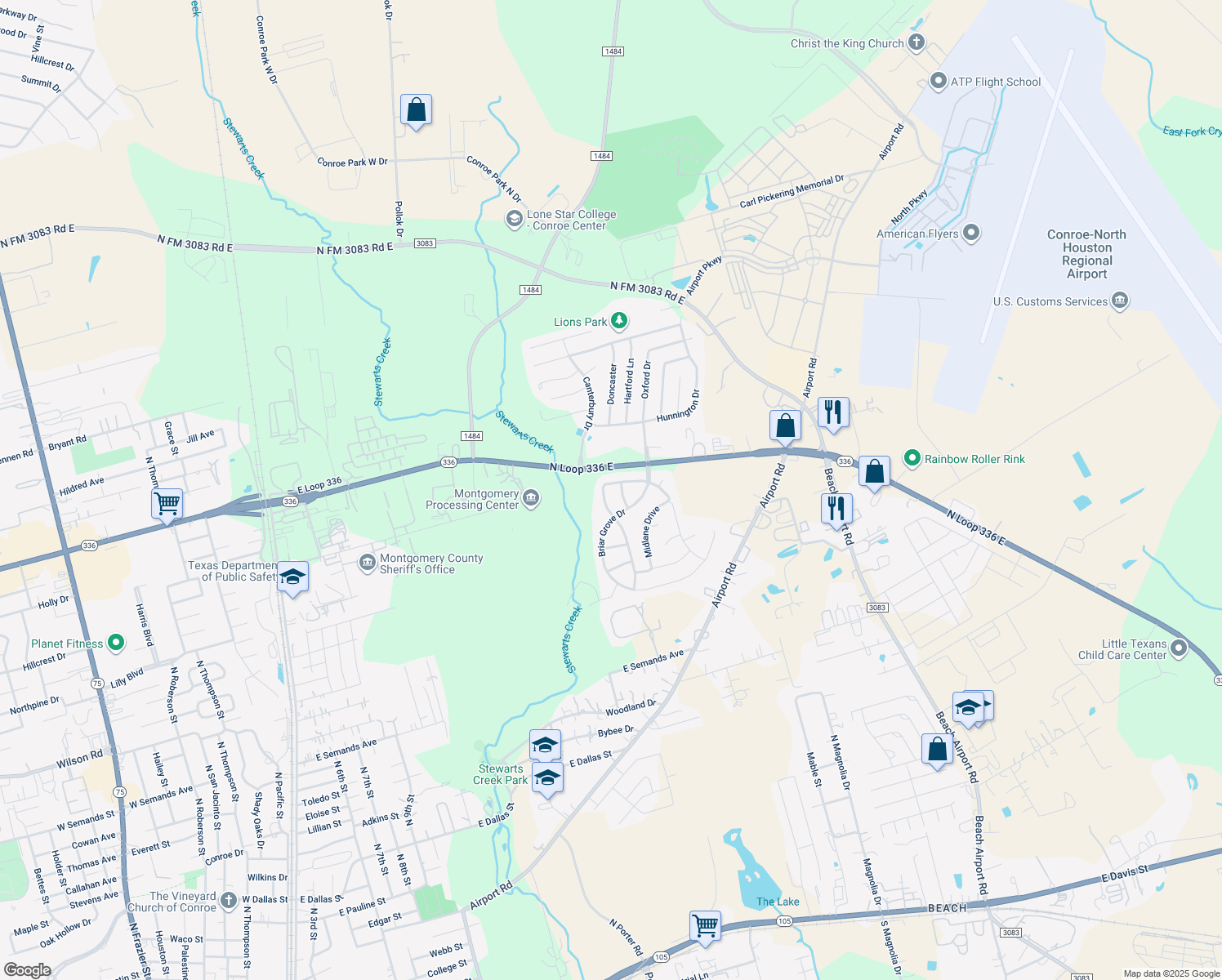map of restaurants, bars, coffee shops, grocery stores, and more near 1072 Shadow Glenn Drive in Conroe