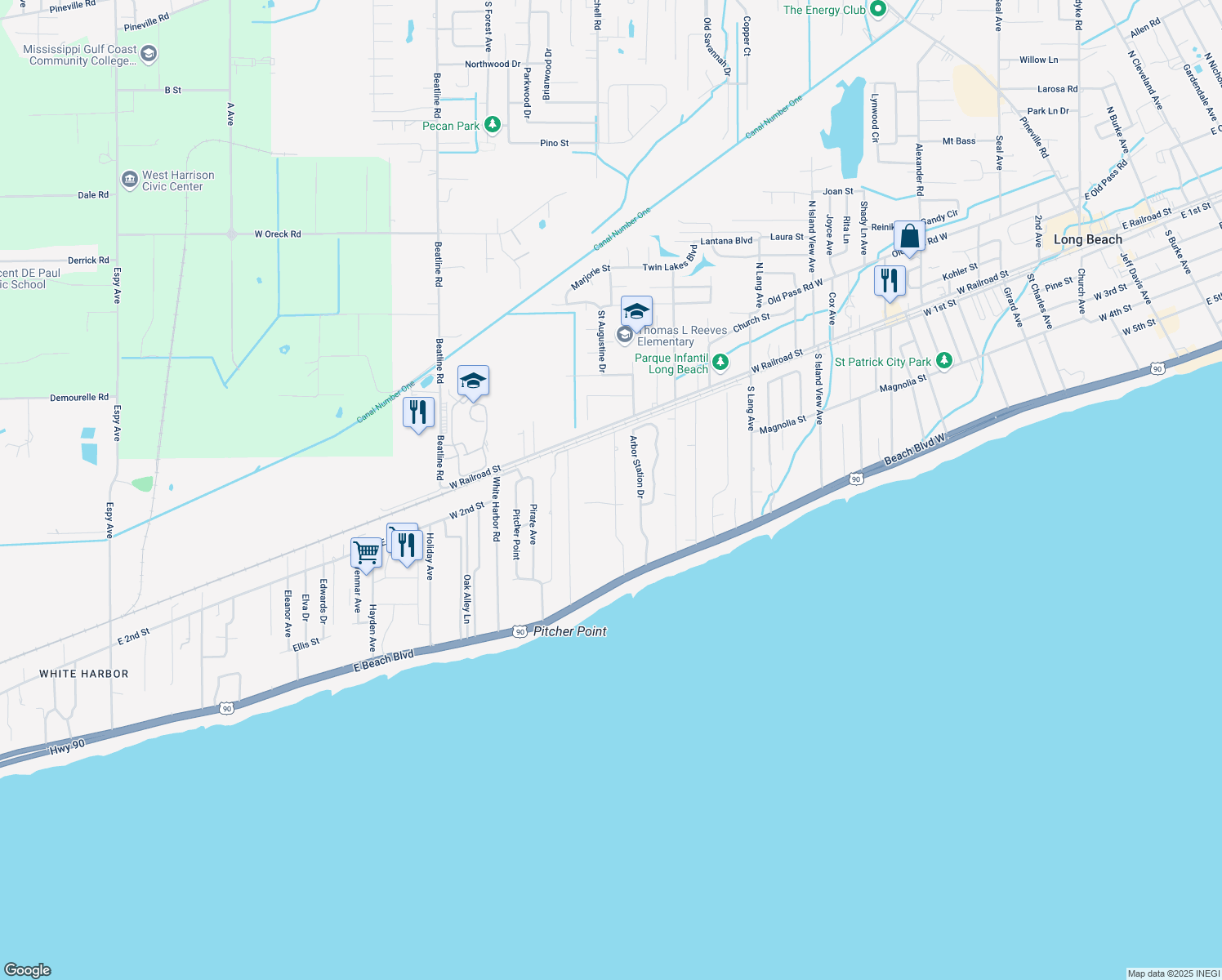 map of restaurants, bars, coffee shops, grocery stores, and more near 114 Marcie Drive in Long Beach