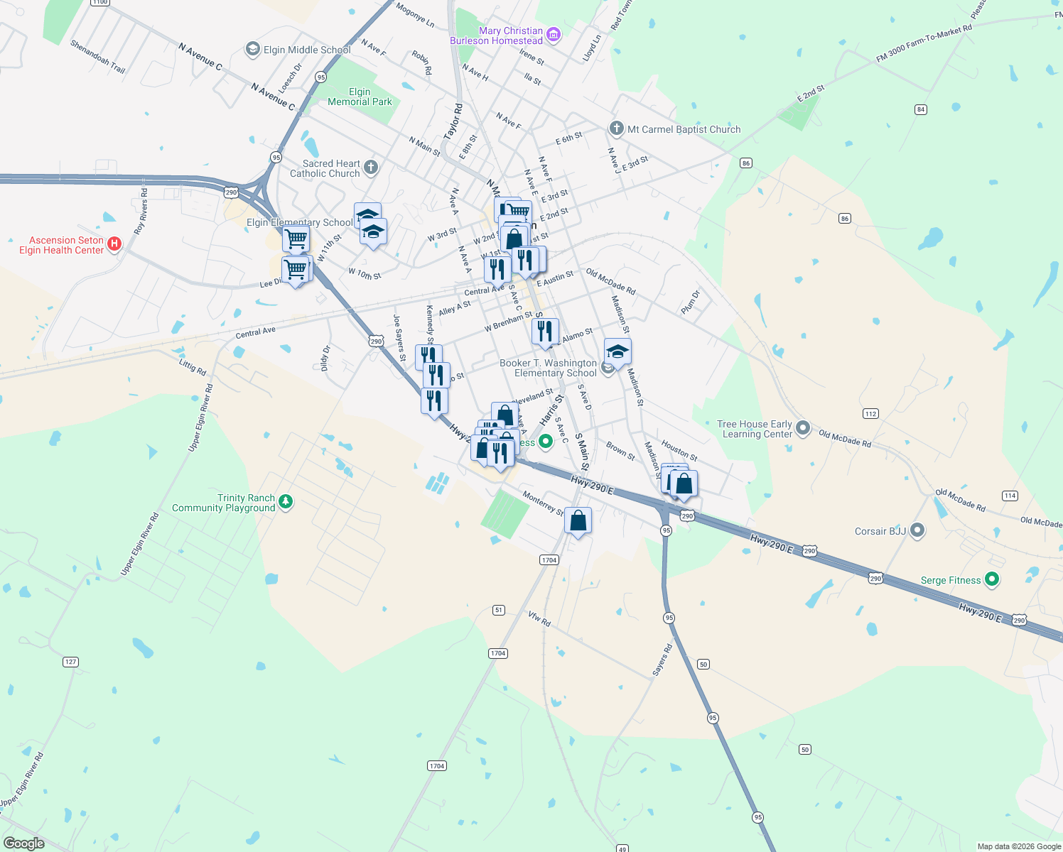 map of restaurants, bars, coffee shops, grocery stores, and more near 308 Harris Street in Elgin