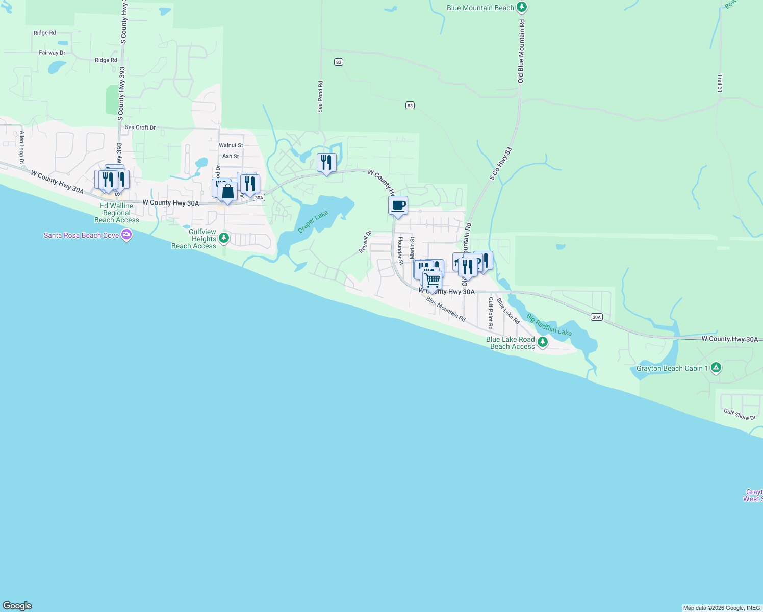 map of restaurants, bars, coffee shops, grocery stores, and more near 46 White Cliffs Boulevard in Santa Rosa Beach