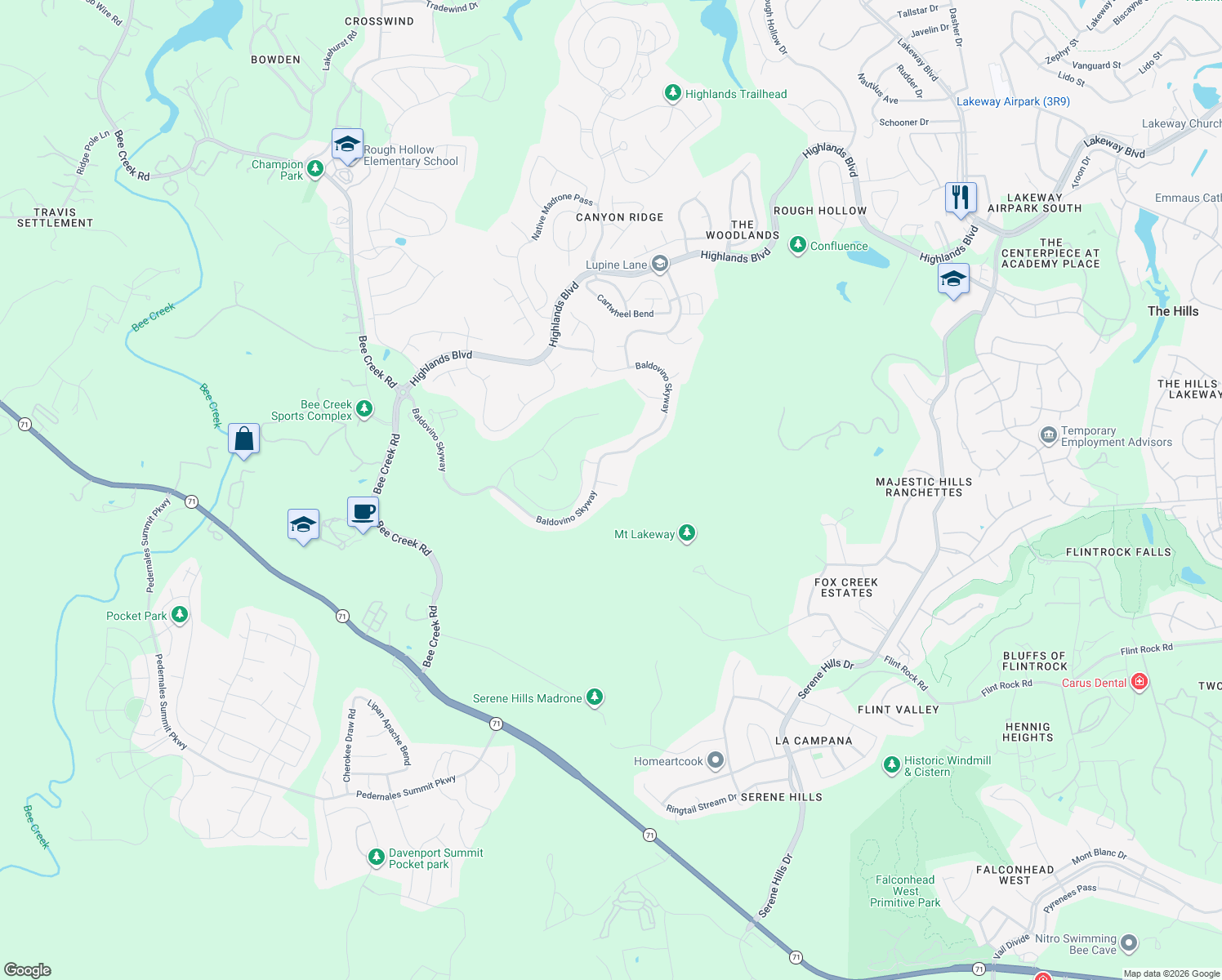 map of restaurants, bars, coffee shops, grocery stores, and more near 203 Colca Cove in Lakeway