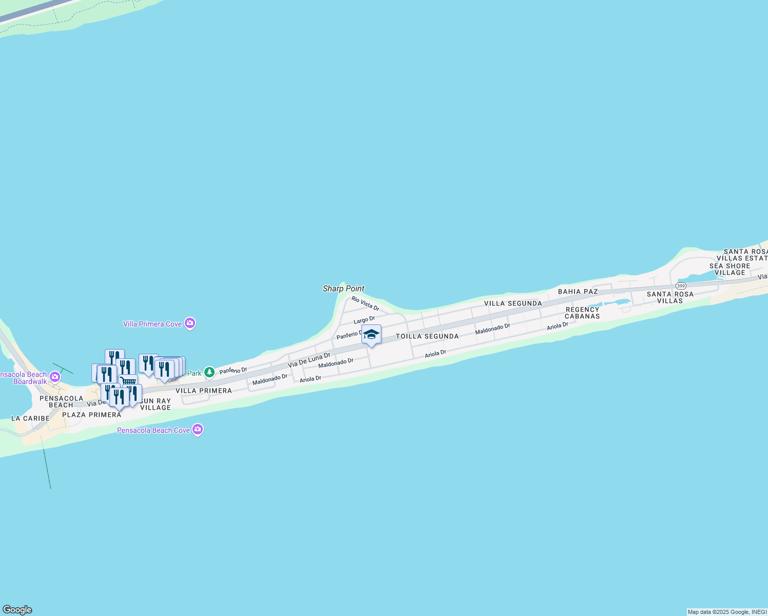 map of restaurants, bars, coffee shops, grocery stores, and more near 915 Rio Vista Dr in Gulf Breeze