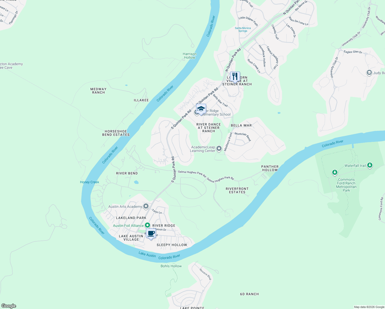 map of restaurants, bars, coffee shops, grocery stores, and more near 816 Santaluz Path in Austin