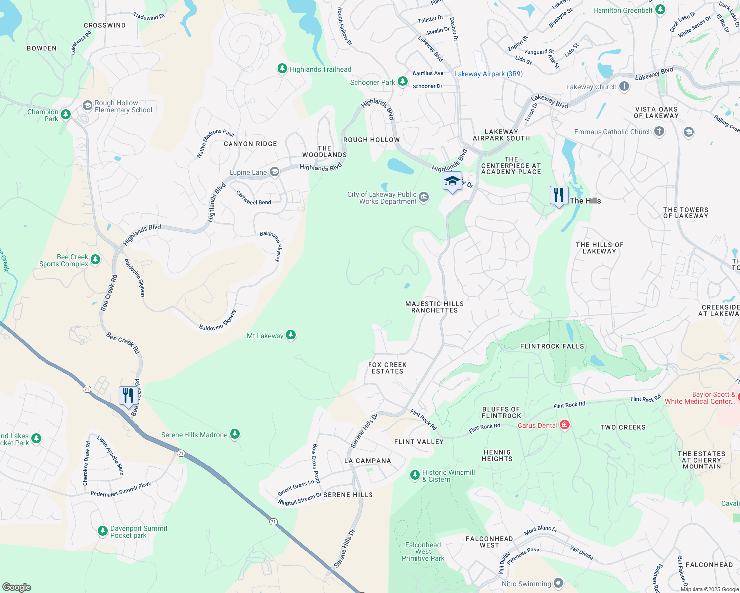 map of restaurants, bars, coffee shops, grocery stores, and more near 17730 Serene Hills Pass in Austin