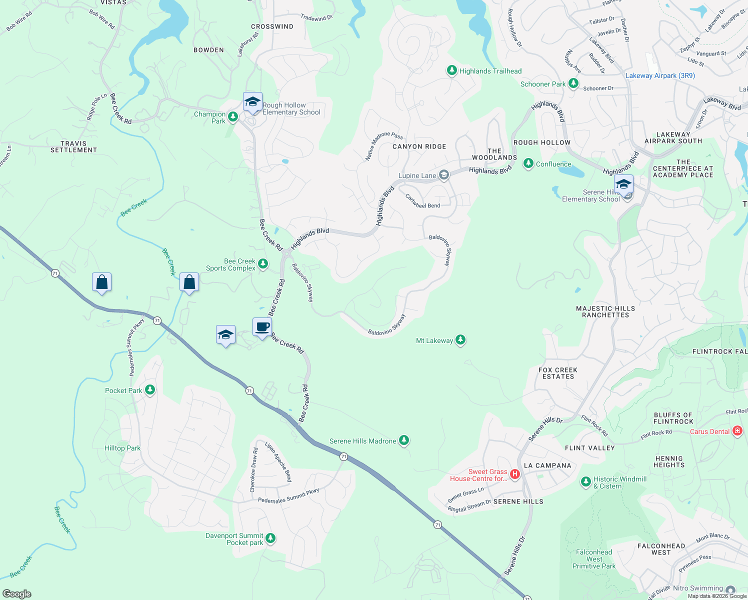 map of restaurants, bars, coffee shops, grocery stores, and more near 108 Montana Del Oro Way in Lakeway