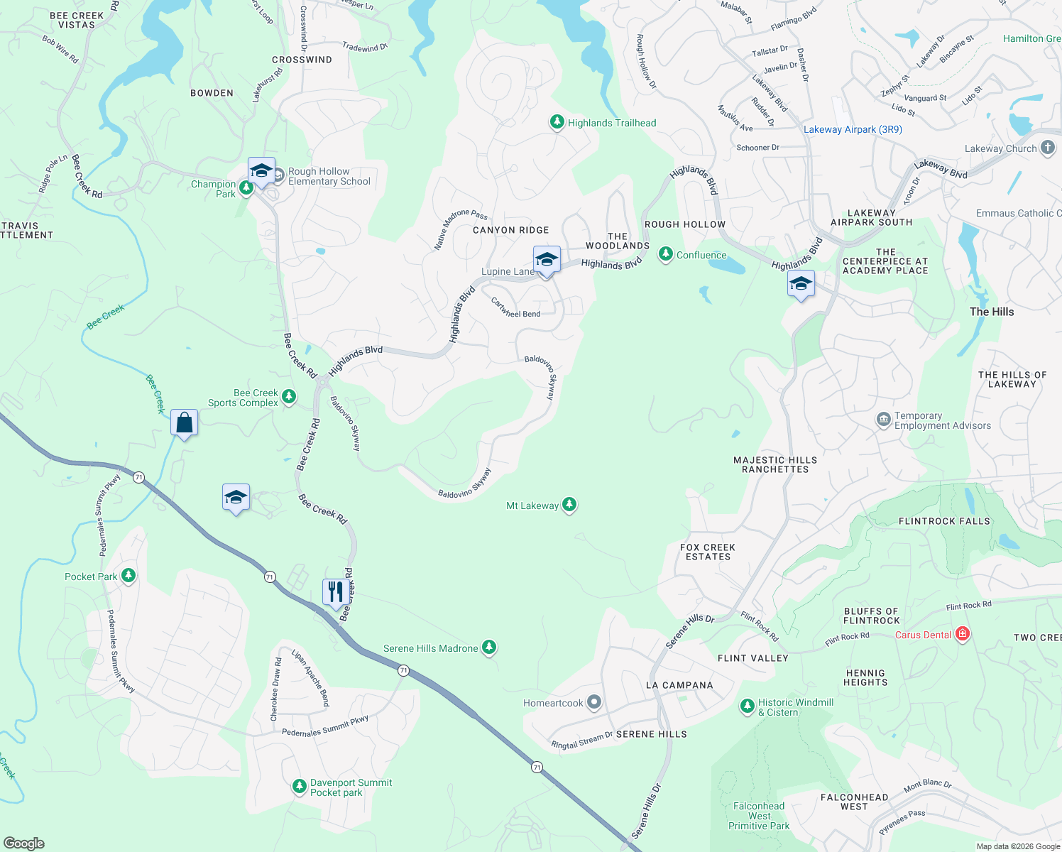 map of restaurants, bars, coffee shops, grocery stores, and more near 218 Baldovino Skyway in Briarcliff