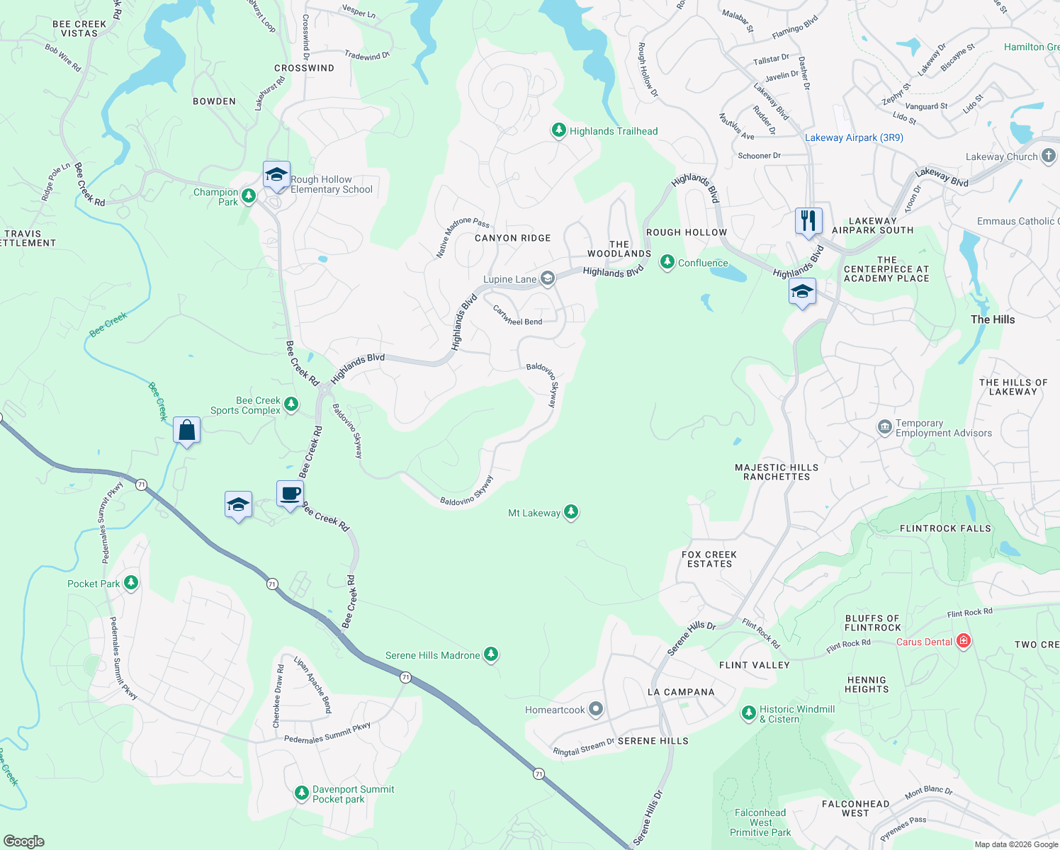 map of restaurants, bars, coffee shops, grocery stores, and more near 218 Baldovino Skyway in Briarcliff