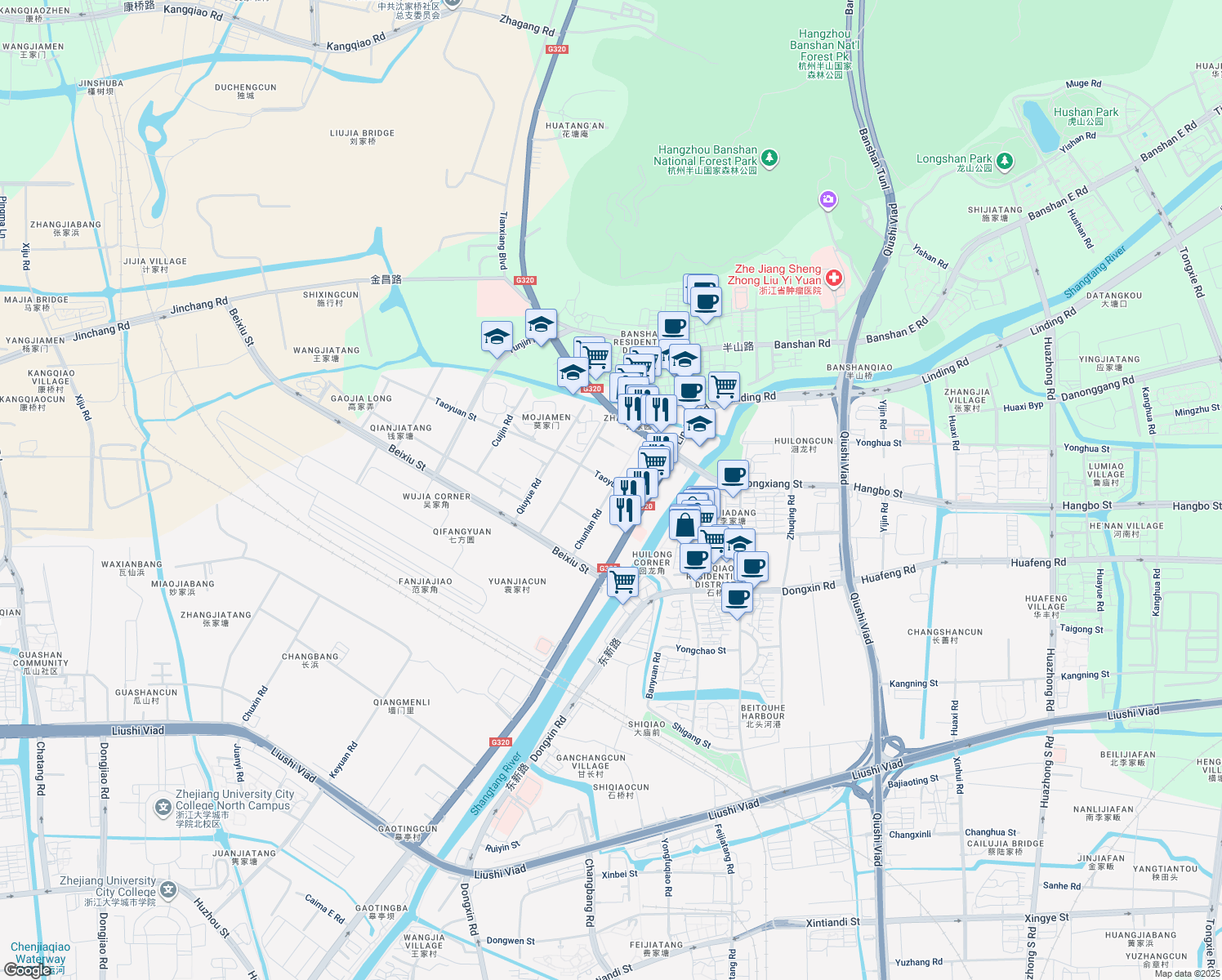 map of restaurants, bars, coffee shops, grocery stores, and more near Chun Lan Lu in Hang Zhou Shi