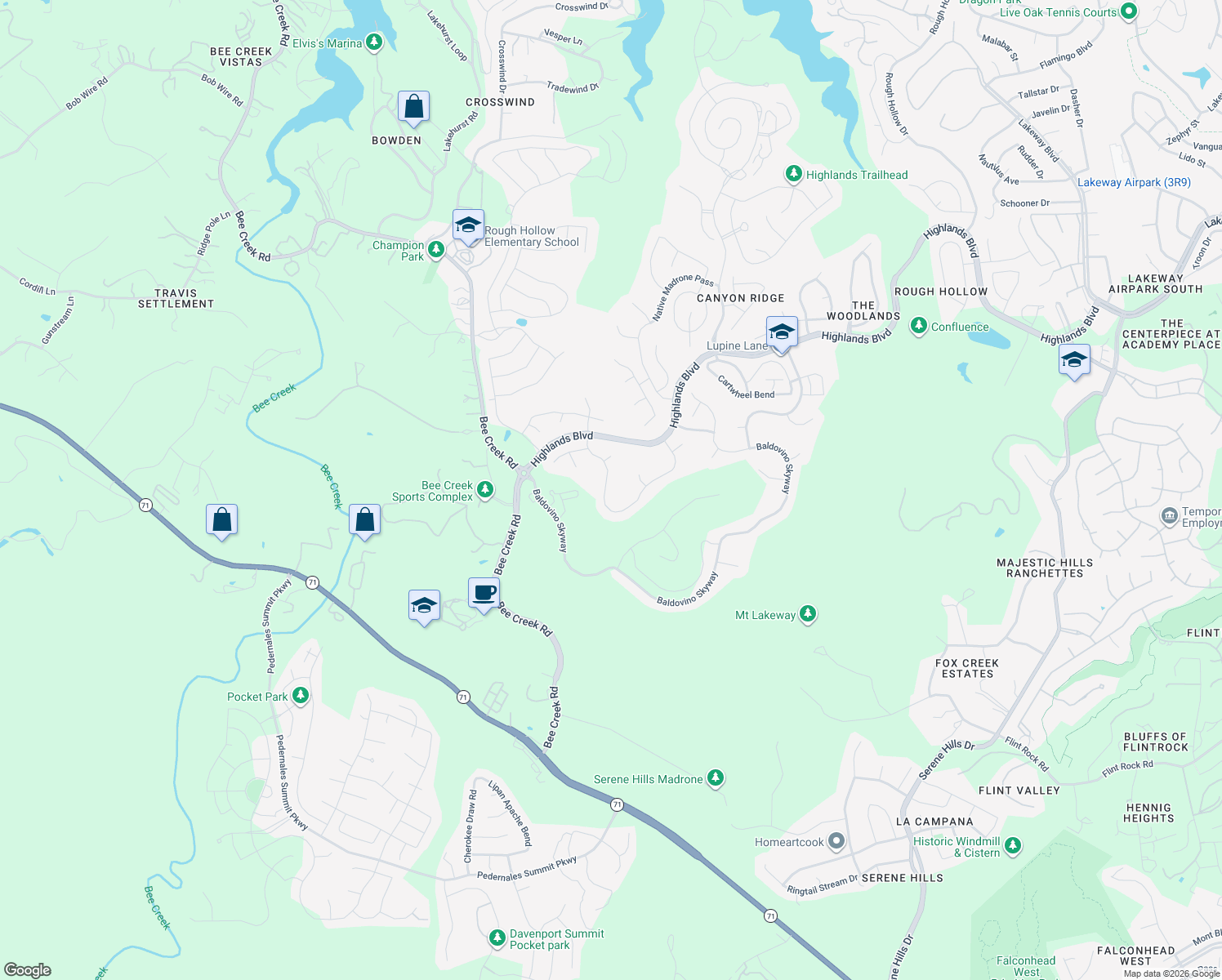 map of restaurants, bars, coffee shops, grocery stores, and more near 476 Anfield Circle in Spicewood