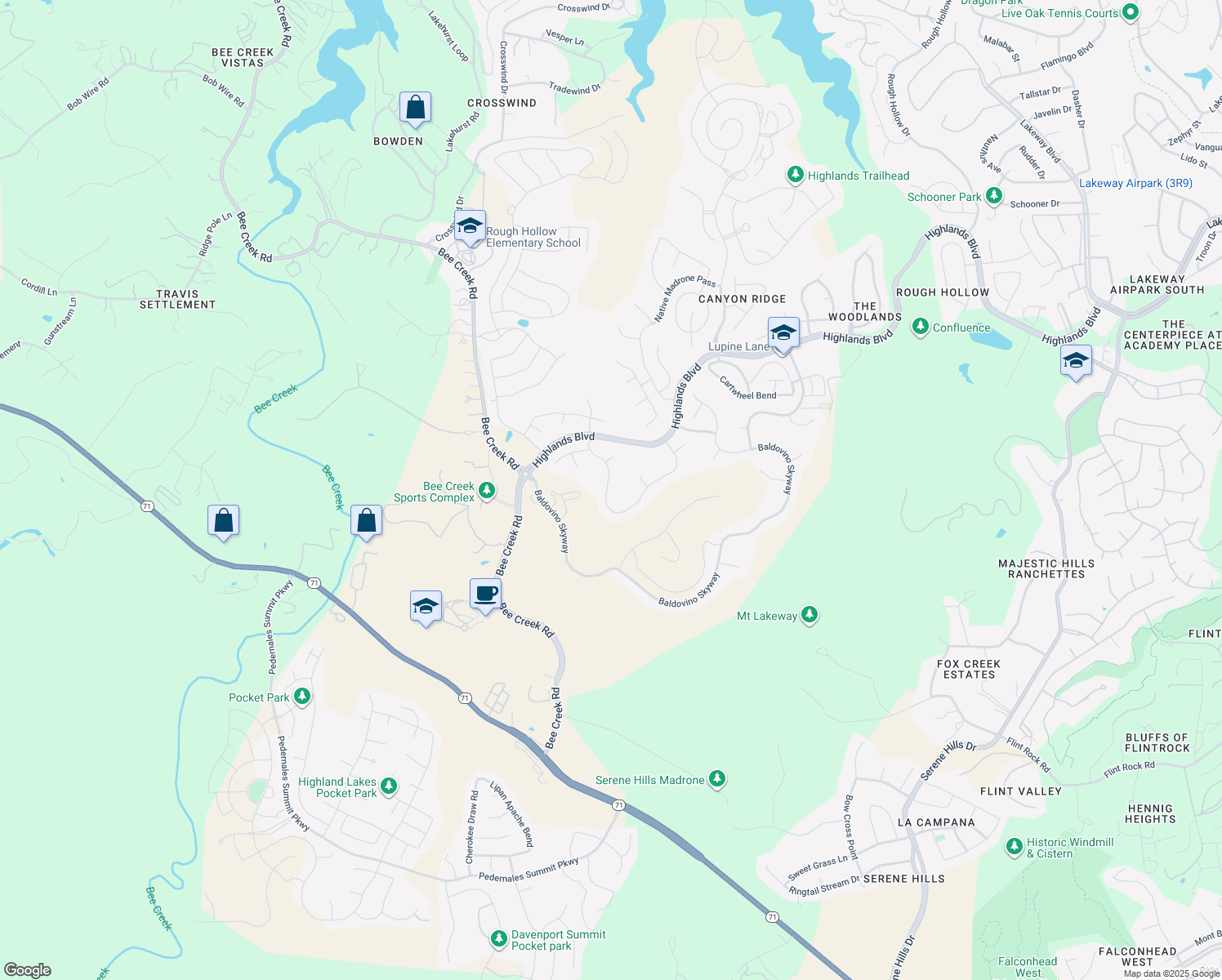 map of restaurants, bars, coffee shops, grocery stores, and more near 476 Anfield Circle in Spicewood