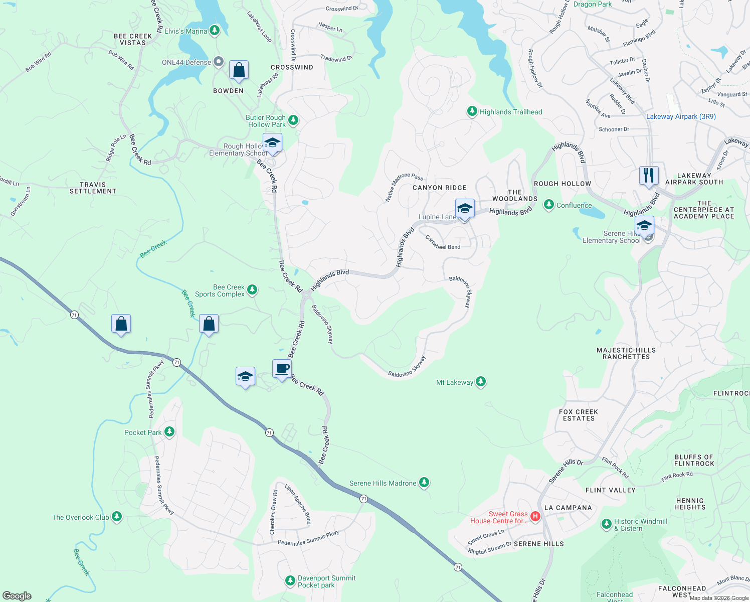 map of restaurants, bars, coffee shops, grocery stores, and more near 204 Everton Cove in Austin