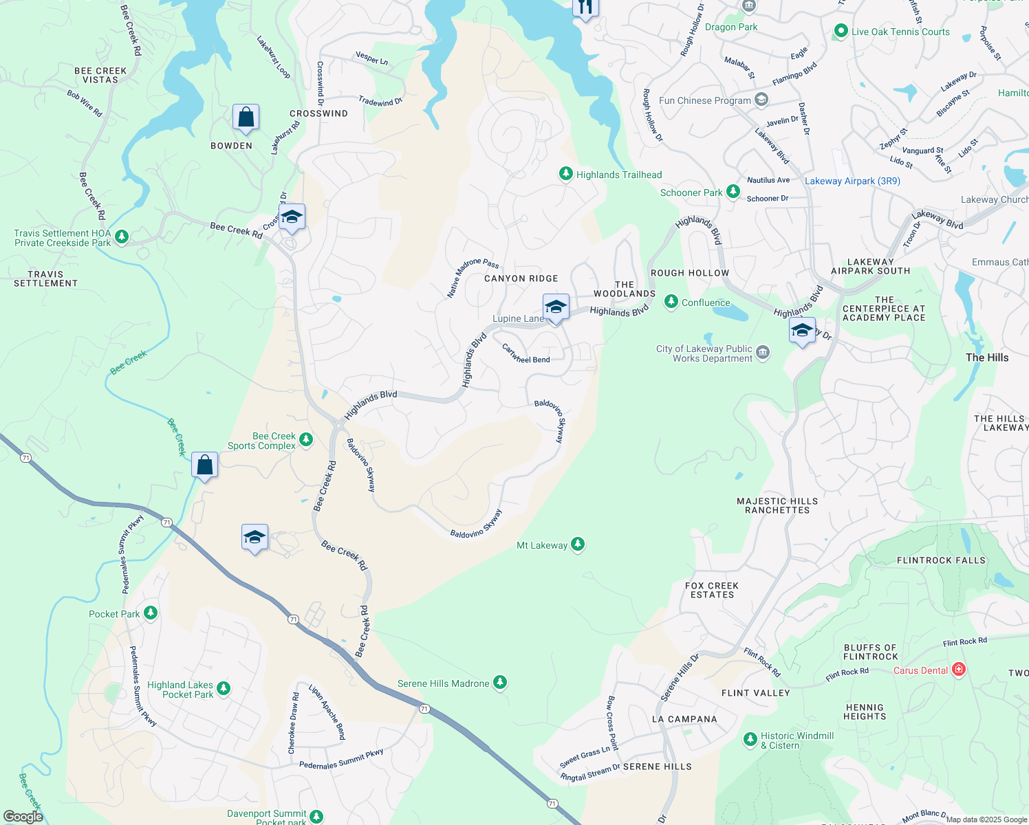 map of restaurants, bars, coffee shops, grocery stores, and more near 252 Baldovino Skyway in Briarcliff