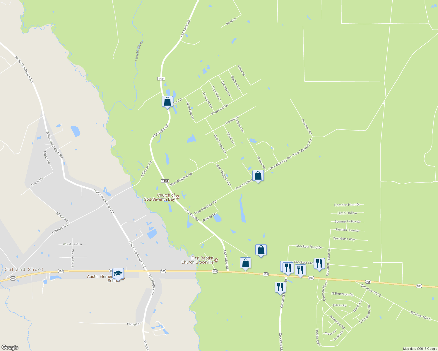 map of restaurants, bars, coffee shops, grocery stores, and more near 15660 Ben Wiggins Road in Conroe