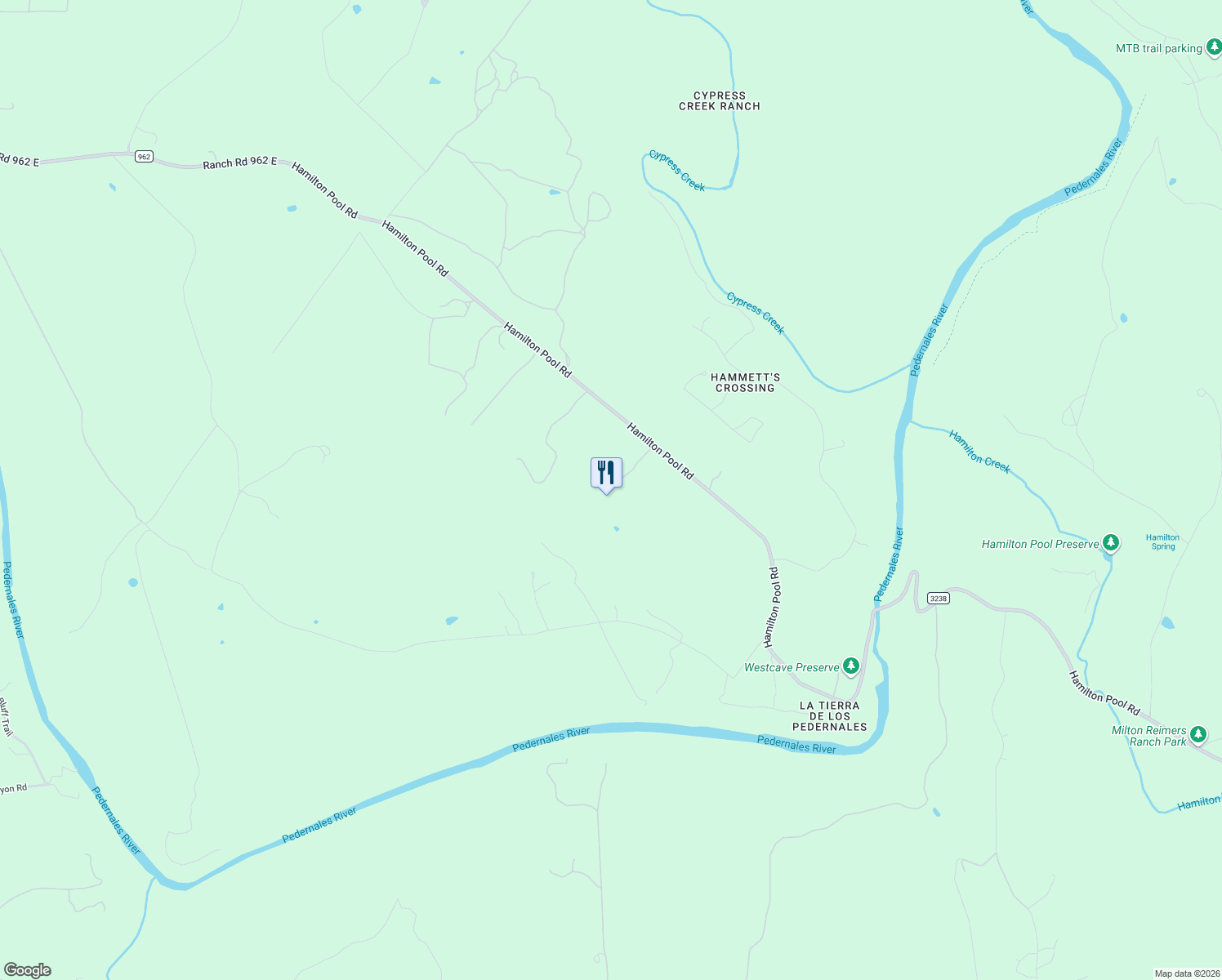 map of restaurants, bars, coffee shops, grocery stores, and more near 25315 Hamilton Pool Rd in Round Mountain
