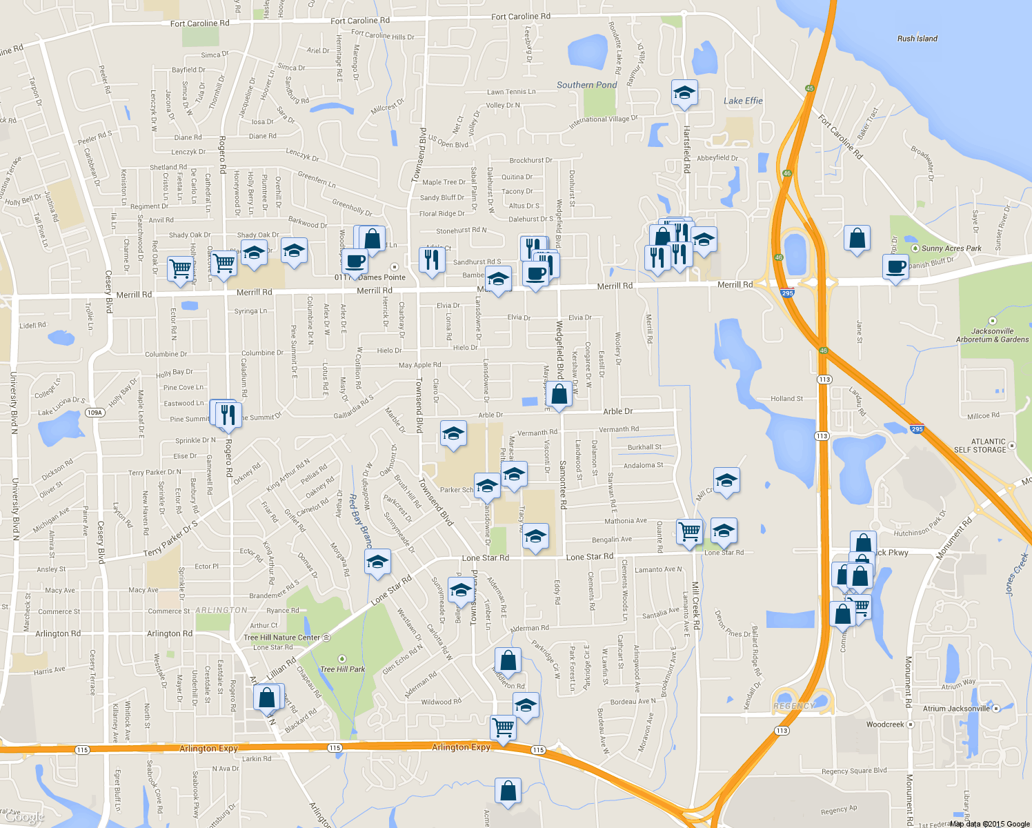map of restaurants, bars, coffee shops, grocery stores, and more near 7504 Arble Dr in Jacksonville