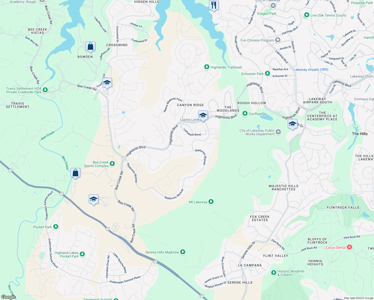 map of restaurants, bars, coffee shops, grocery stores, and more near 252 Baldovino Skyway in Briarcliff