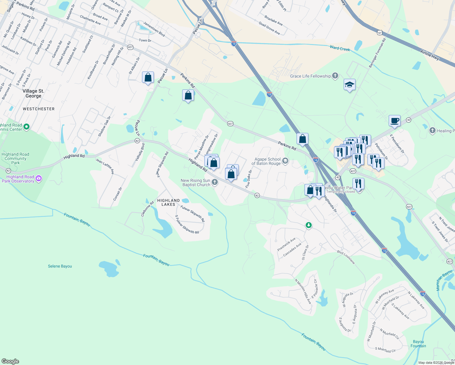 map of restaurants, bars, coffee shops, grocery stores, and more near 16550 Highland Road in Baton Rouge