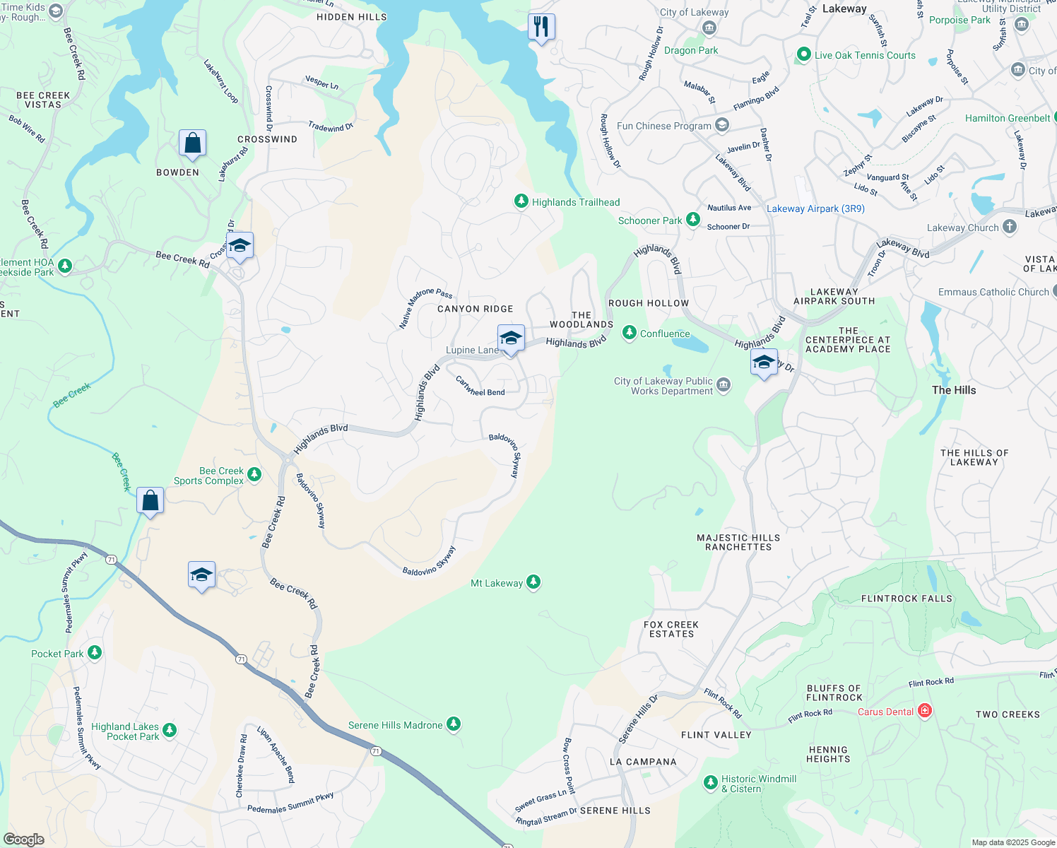 map of restaurants, bars, coffee shops, grocery stores, and more near 205 Vista Village Cove in Austin