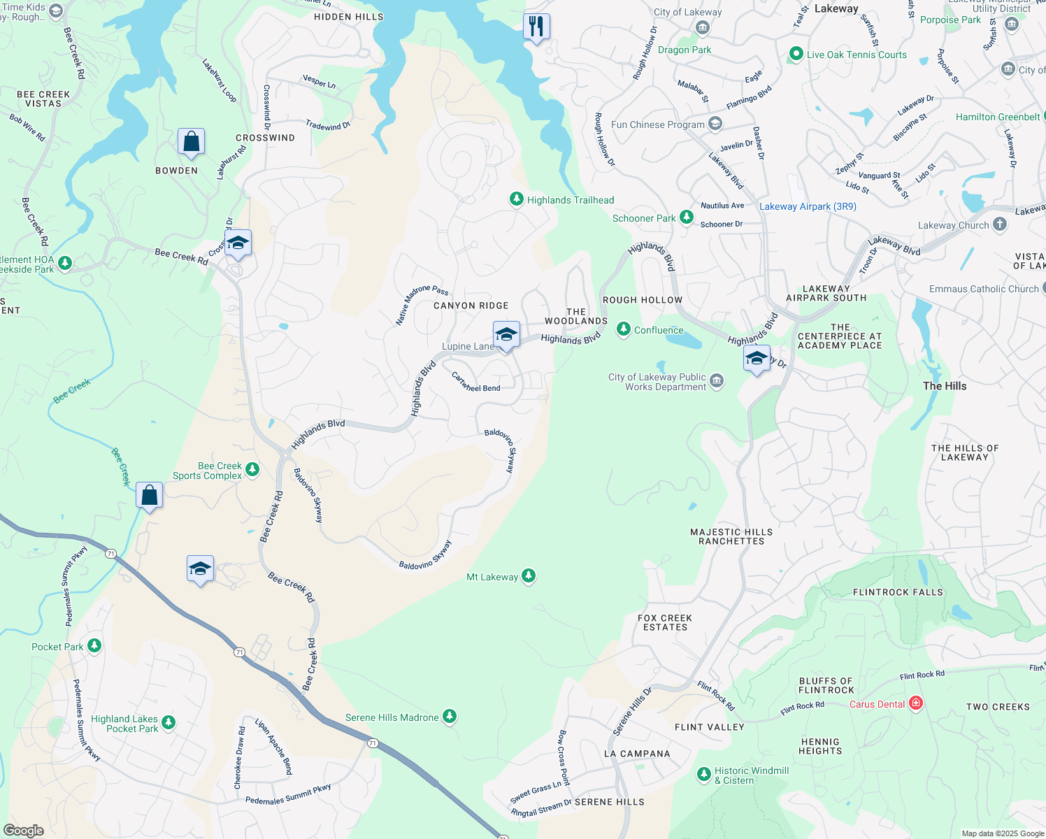 map of restaurants, bars, coffee shops, grocery stores, and more near 211 Vista Village Cove in Austin