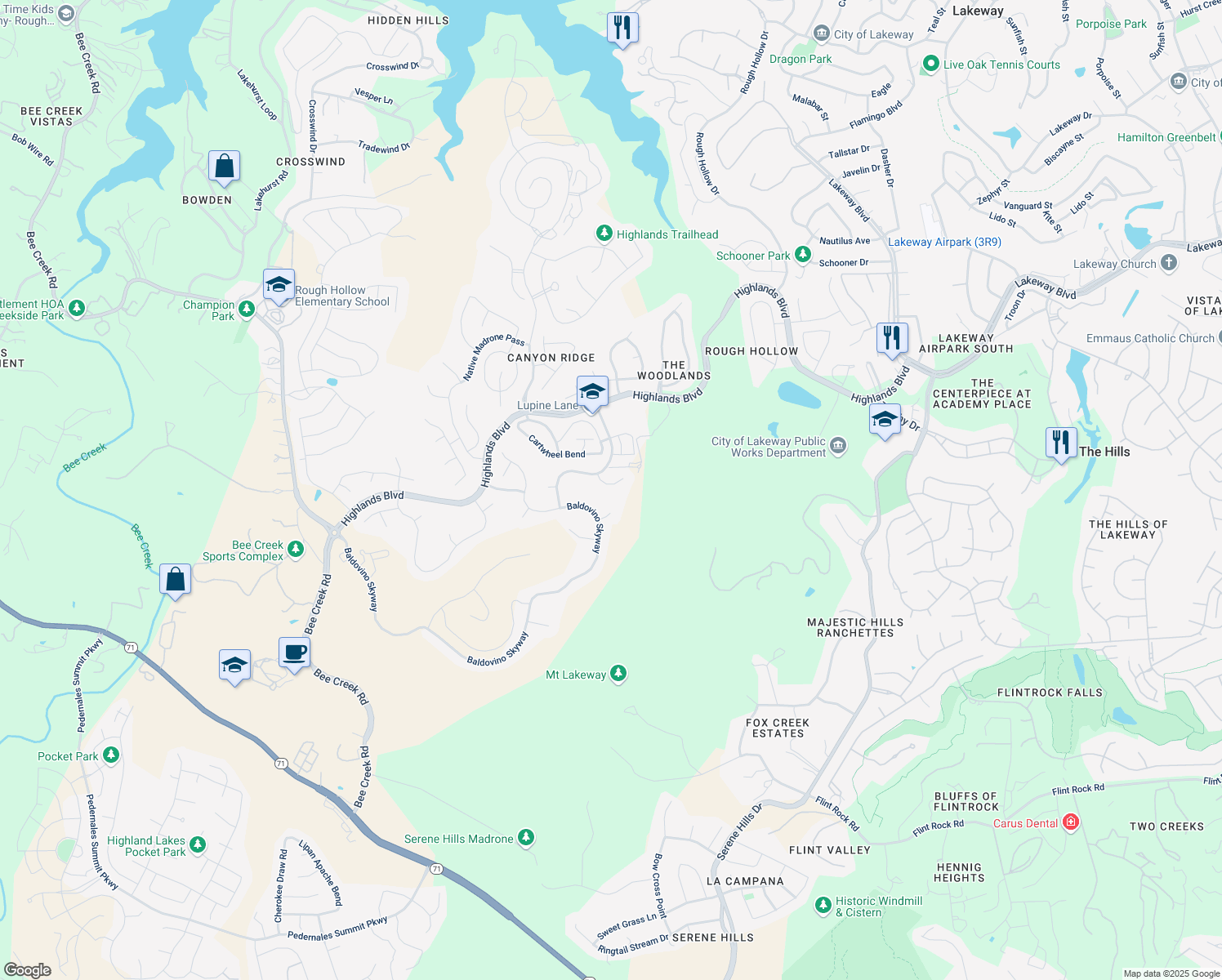 map of restaurants, bars, coffee shops, grocery stores, and more near 211 Vista Village Cove in Austin