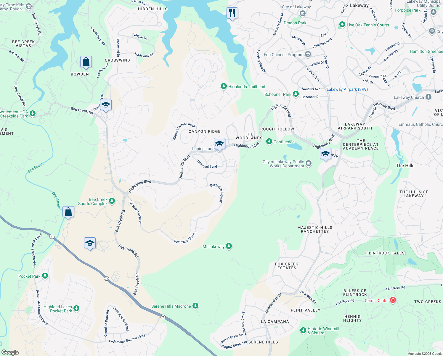 map of restaurants, bars, coffee shops, grocery stores, and more near 205 Vista Village Cove in Austin