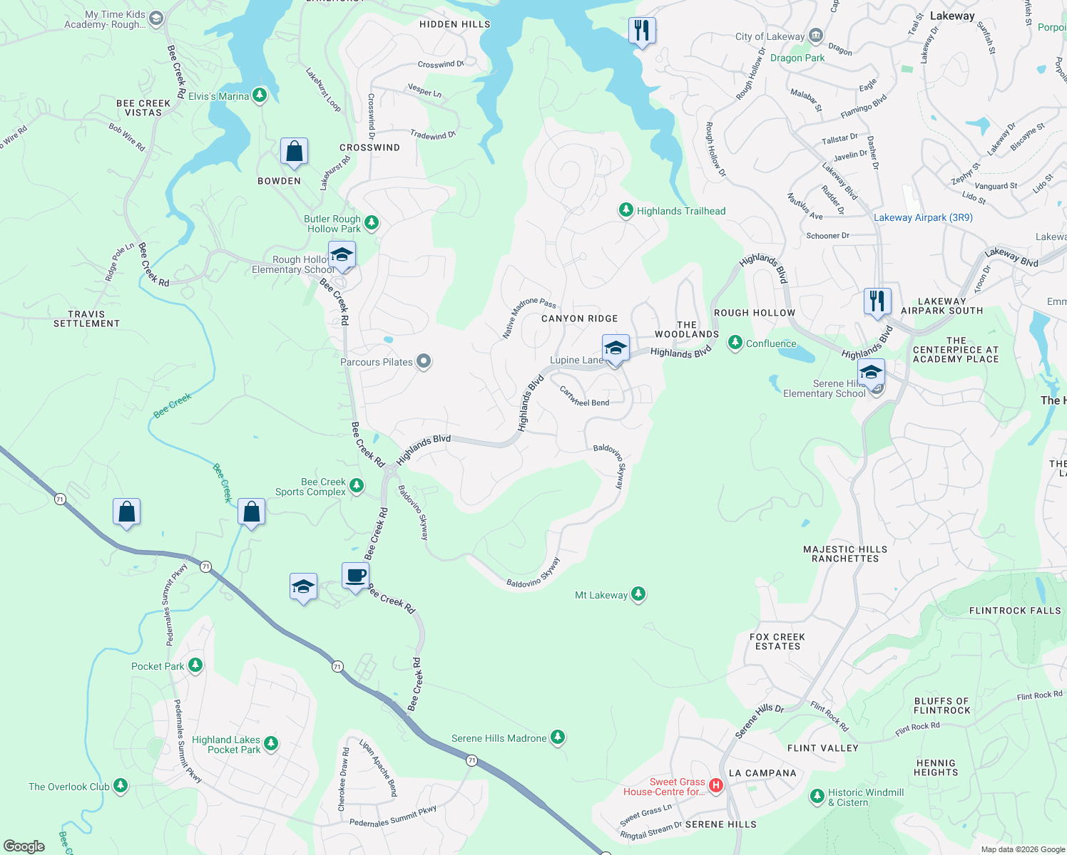 map of restaurants, bars, coffee shops, grocery stores, and more near 511 Summer Wilson Cove in Austin
