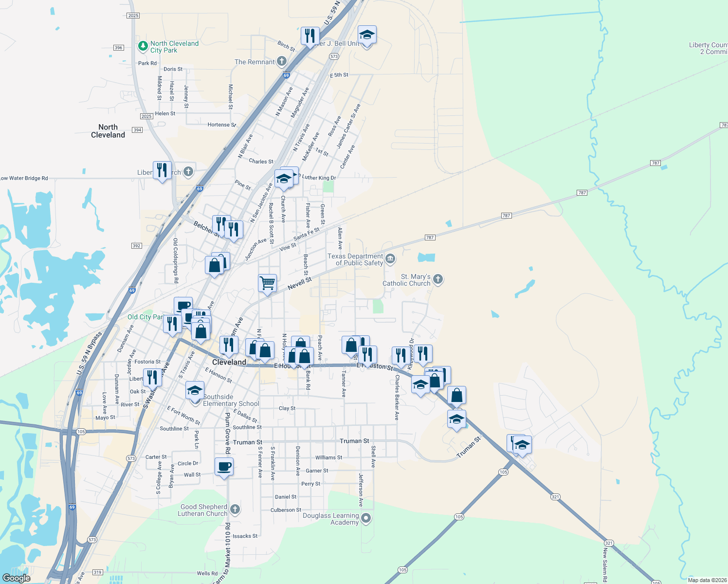 map of restaurants, bars, coffee shops, grocery stores, and more near 620 Easy St in Cleveland