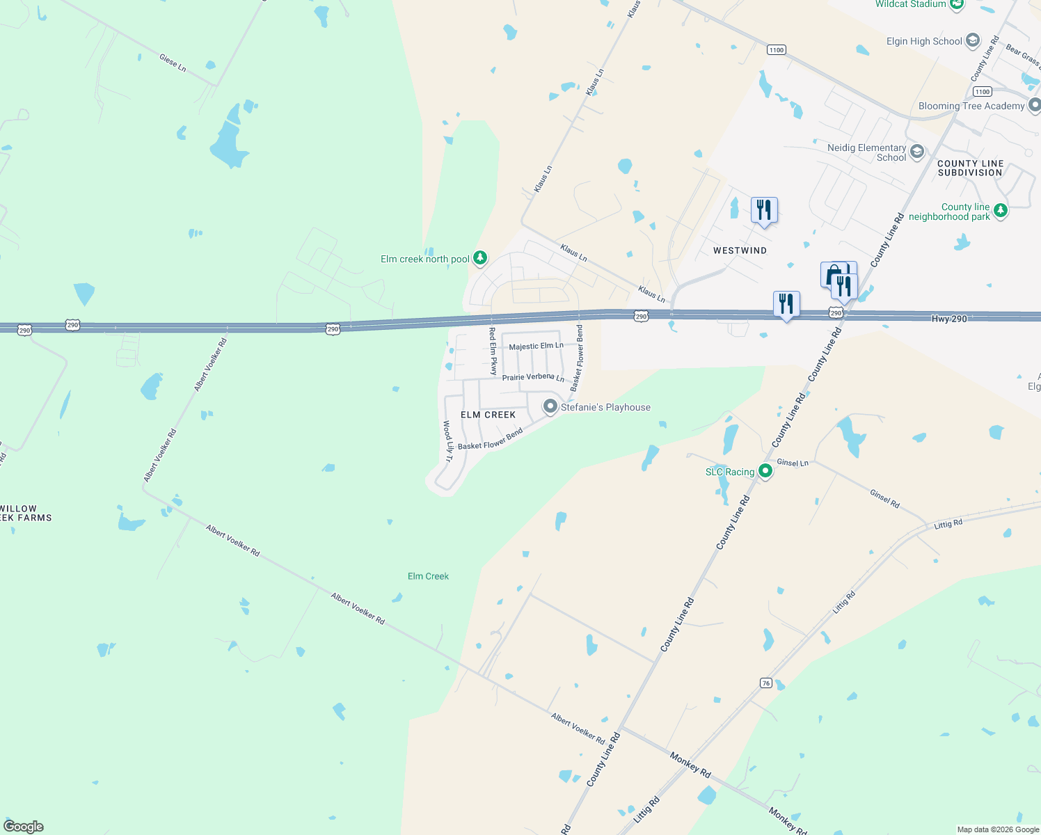 map of restaurants, bars, coffee shops, grocery stores, and more near 12813 Grandifloras Cove in Elgin