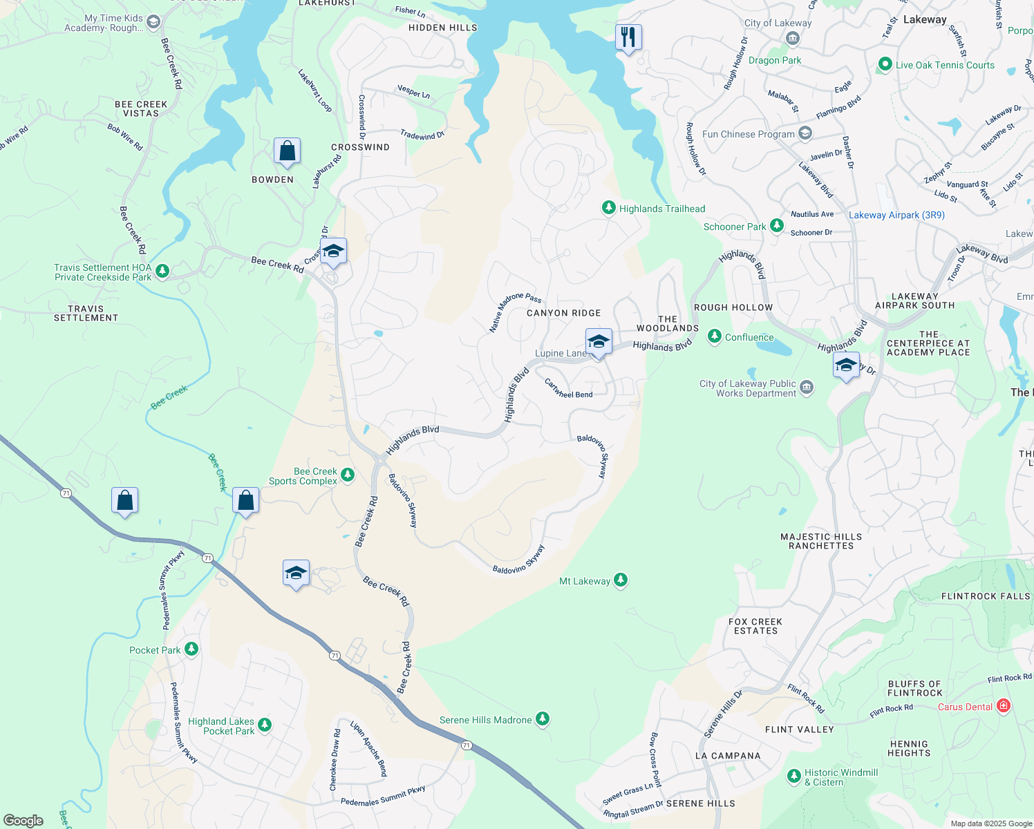 map of restaurants, bars, coffee shops, grocery stores, and more near 511 Summer Wilson Cove in Austin