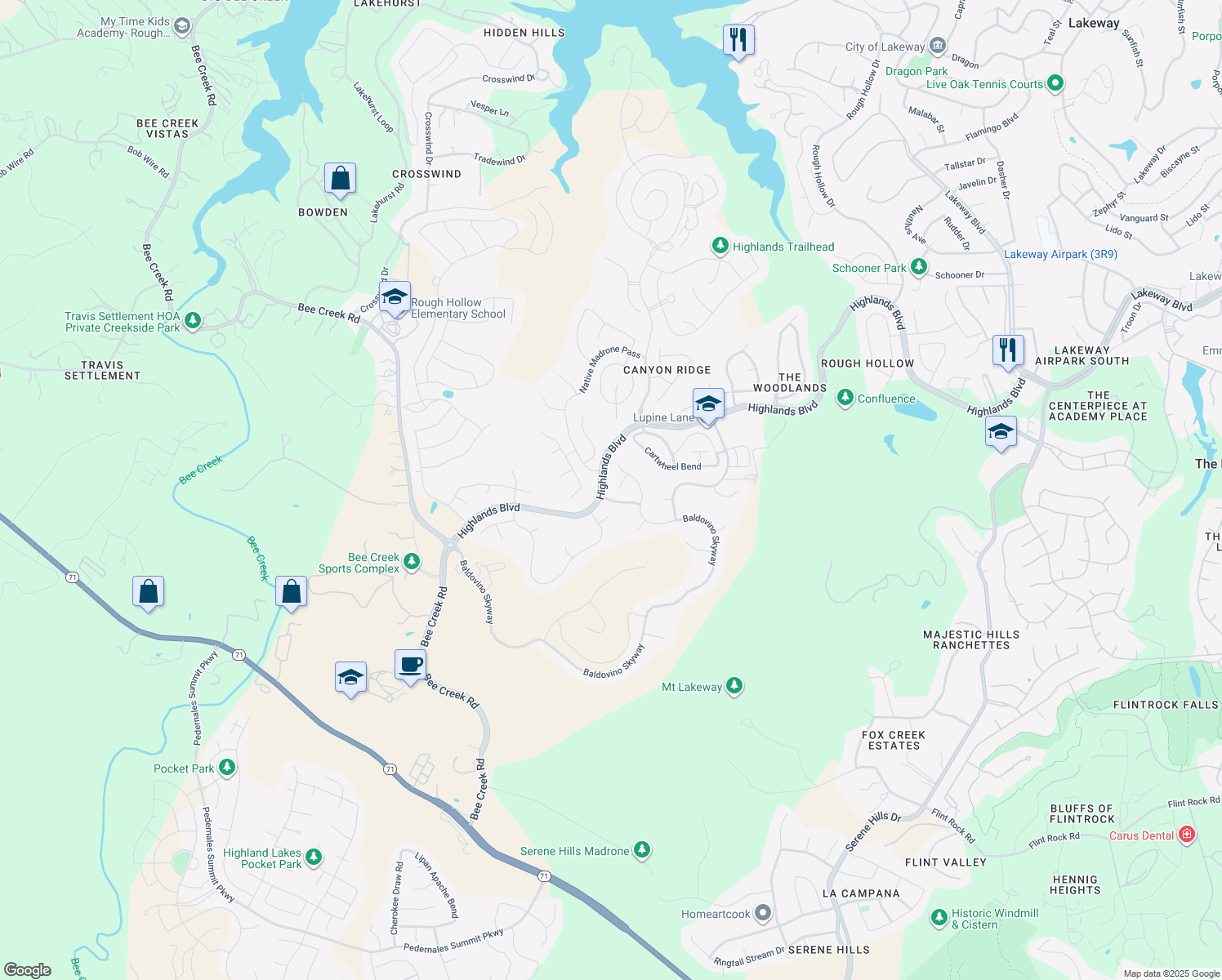map of restaurants, bars, coffee shops, grocery stores, and more near 511 Summer Wilson Cove in Austin