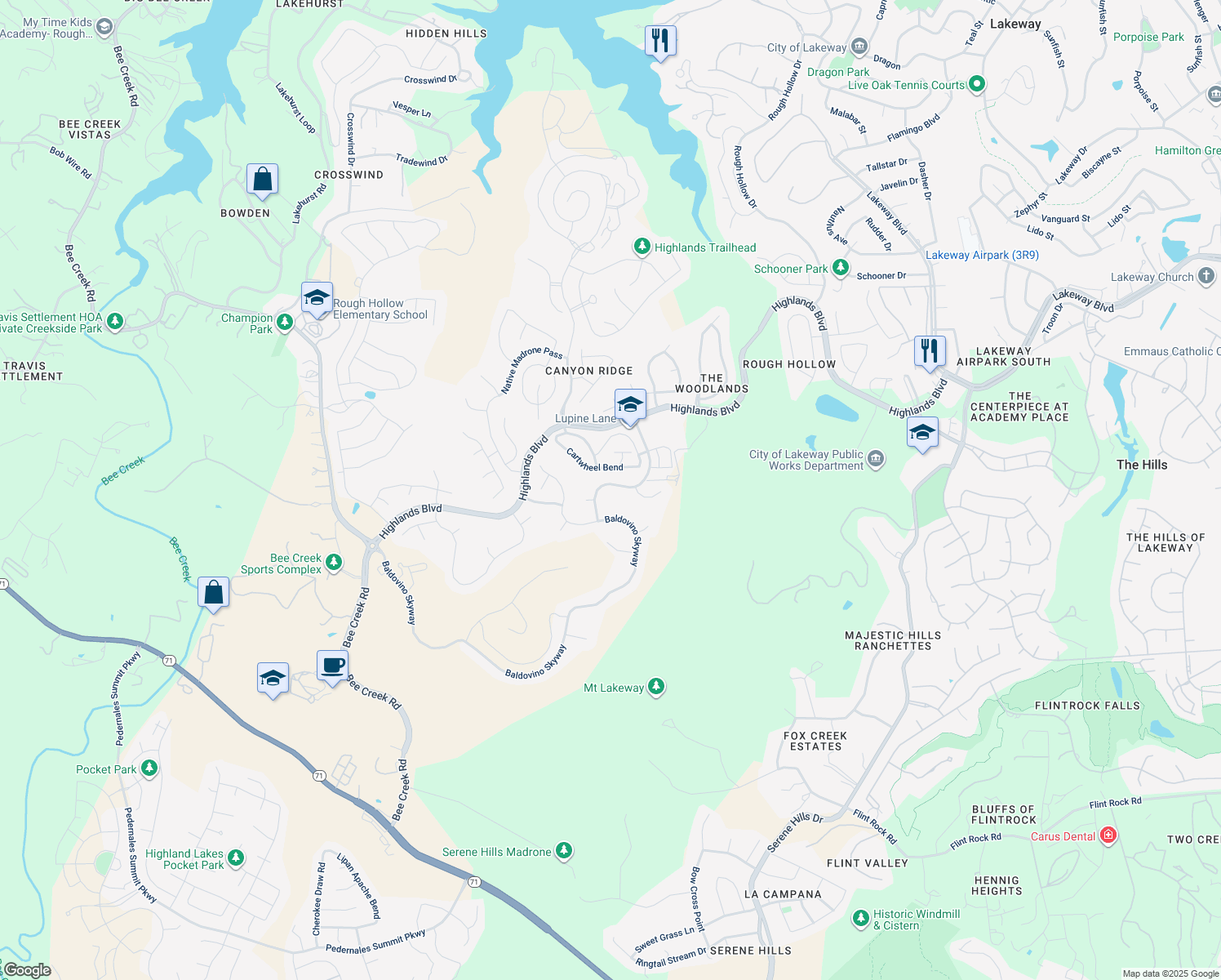 map of restaurants, bars, coffee shops, grocery stores, and more near 312 Highland Village Drive in Austin