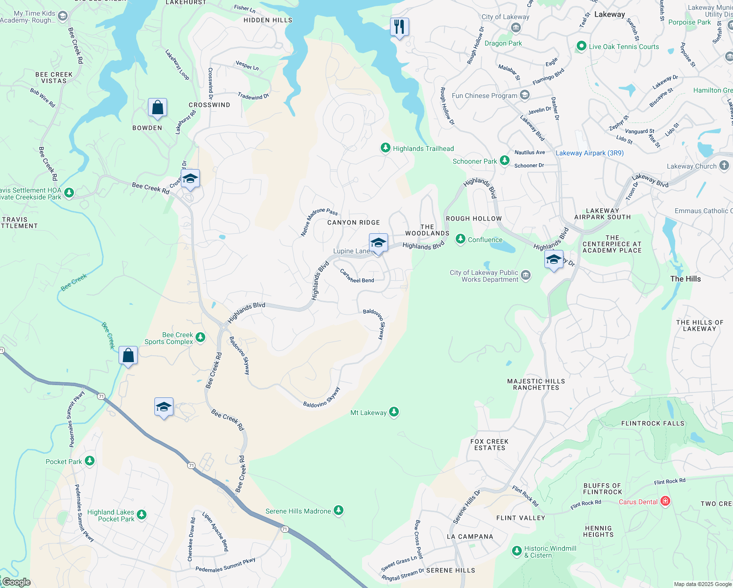 map of restaurants, bars, coffee shops, grocery stores, and more near 312 Highland Village Drive in Austin